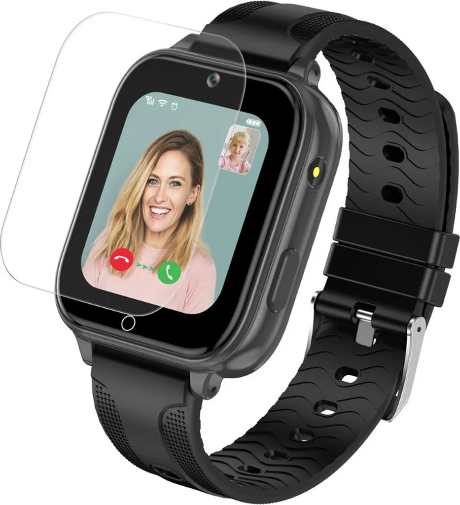 Schwarze Smartwatch mit Videocall-Display und Schutzglas davor.