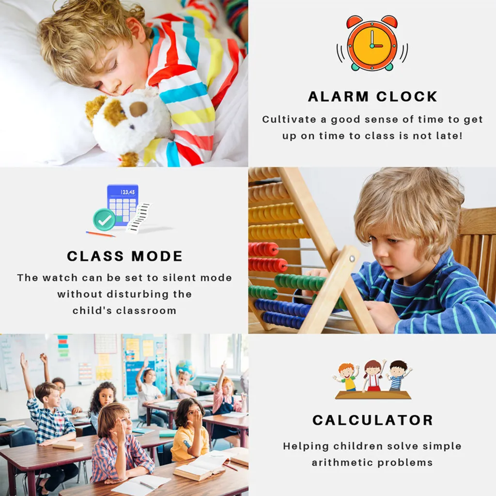 Sechs Bilder zeigen Kinder beim Schlafen, Rechnen mit Abakus und in der Schule, mit Symbolen für Wecker und Rechner.
