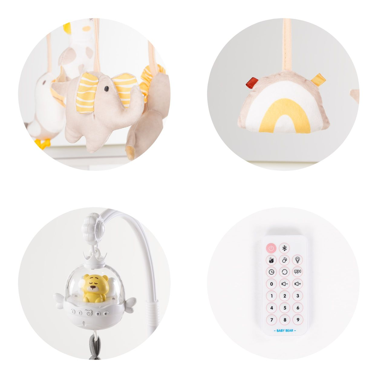 Vier kreisrund eingefasste Details eines Baby-Mobiles mit Plüschtieren, Regenbogen, Bären-Spieluhr und Fernbedienung.