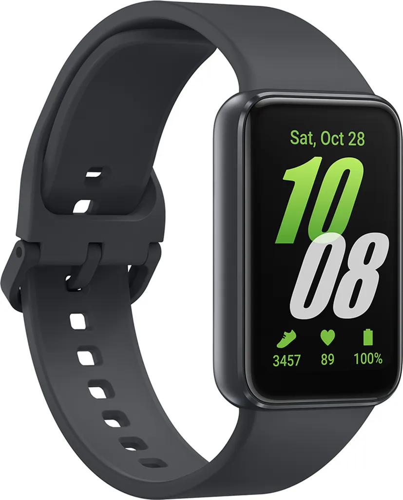 Schwarze Smartwatch mit grünem Display, das die Uhrzeit 10:08 und Fitnessdaten anzeigt.