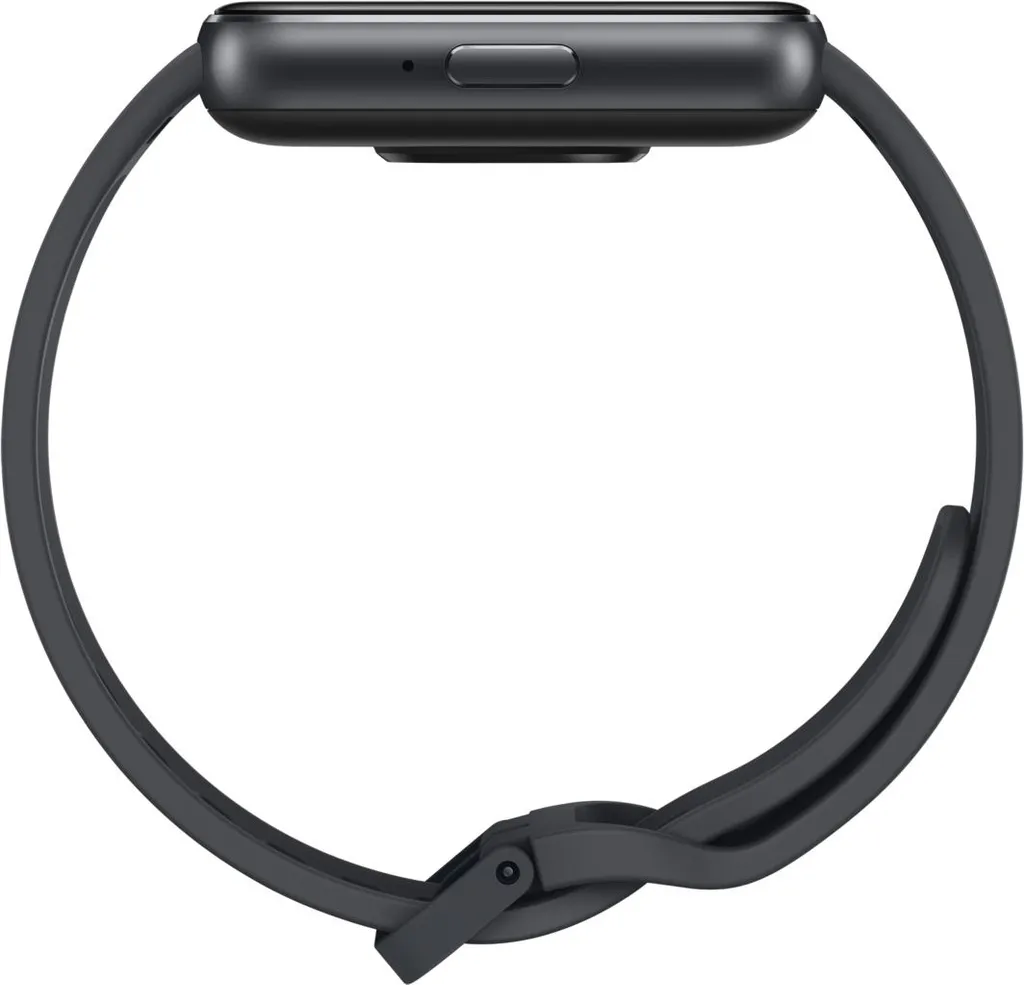 Schwarze Smartwatch mit eckigem Gehäuse und Silikonarmband, von oben auf weißem Hintergrund fotografiert.