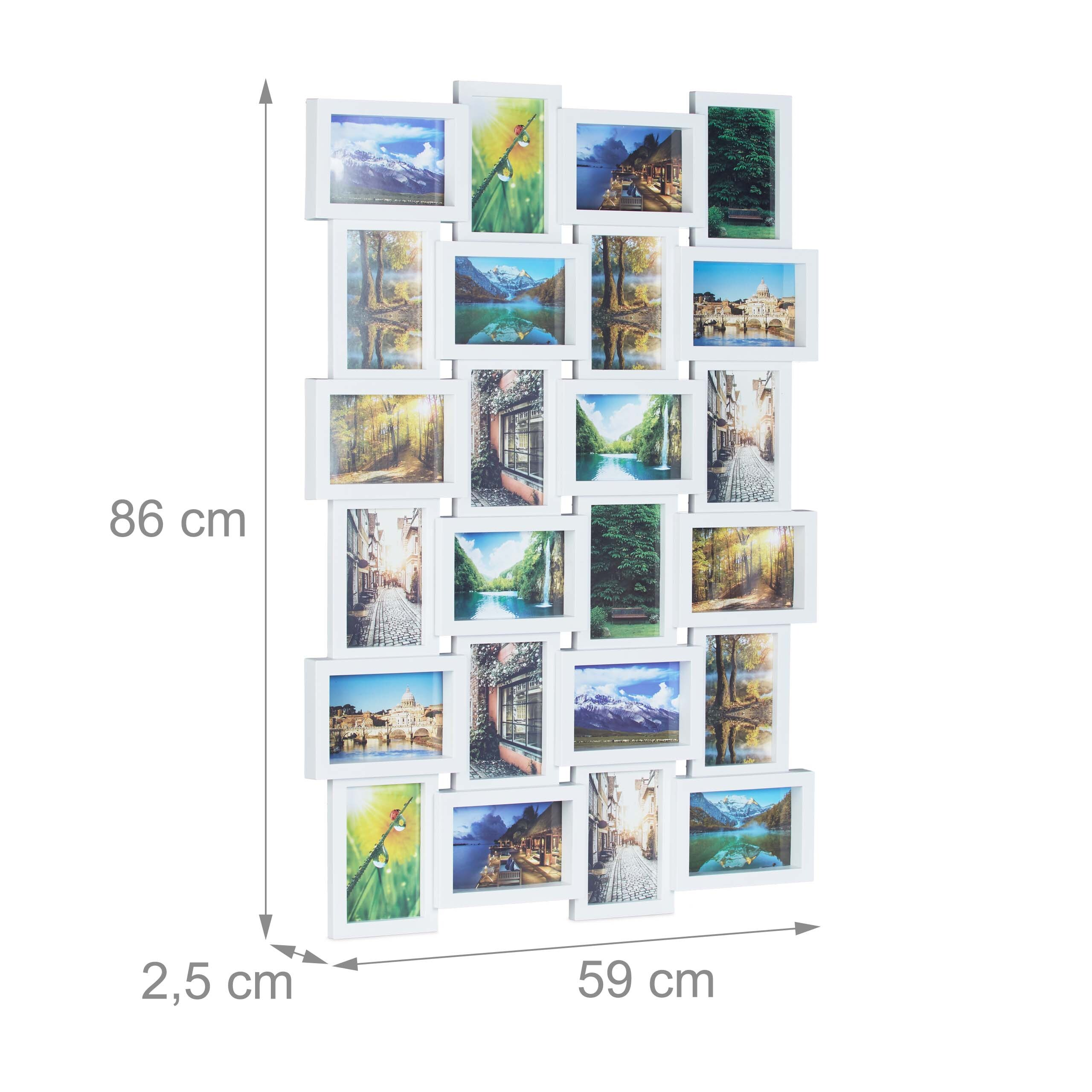 Collage aus weißen Fotorahmen für 18 Bilder, 86x59 cm groß.