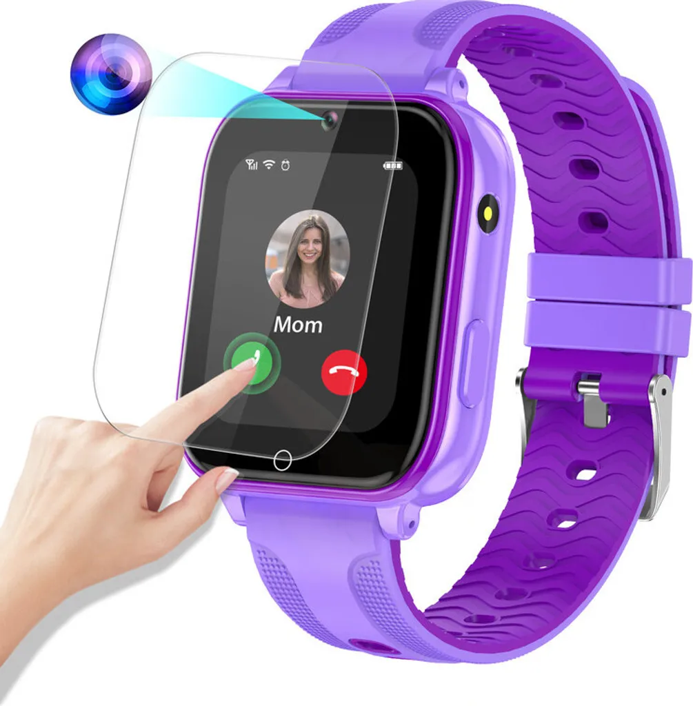 Eine violette Kindersmartwatch mit angebrachter Schutzfolie zeigt einen Videoanruf mit Mama.