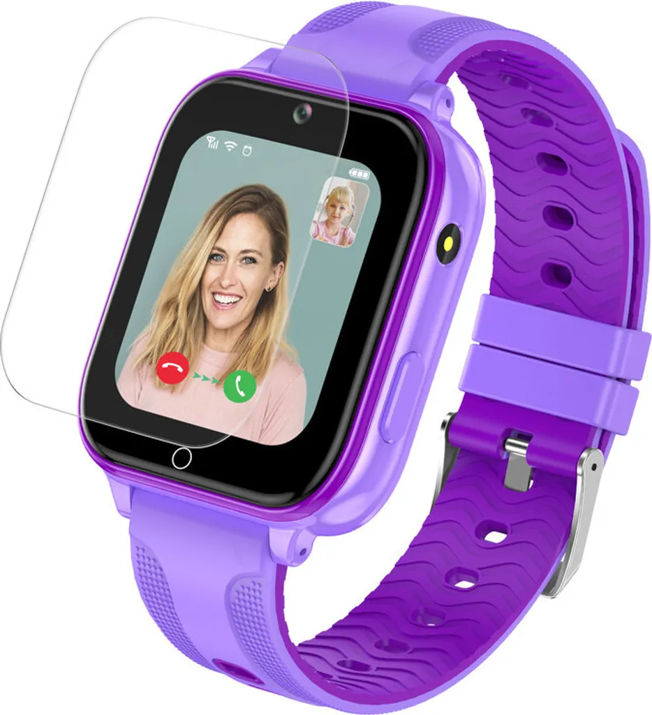 Lila Kinder-Smartwatch mit Videoanruf-Bildschirm und Schutzfolie.