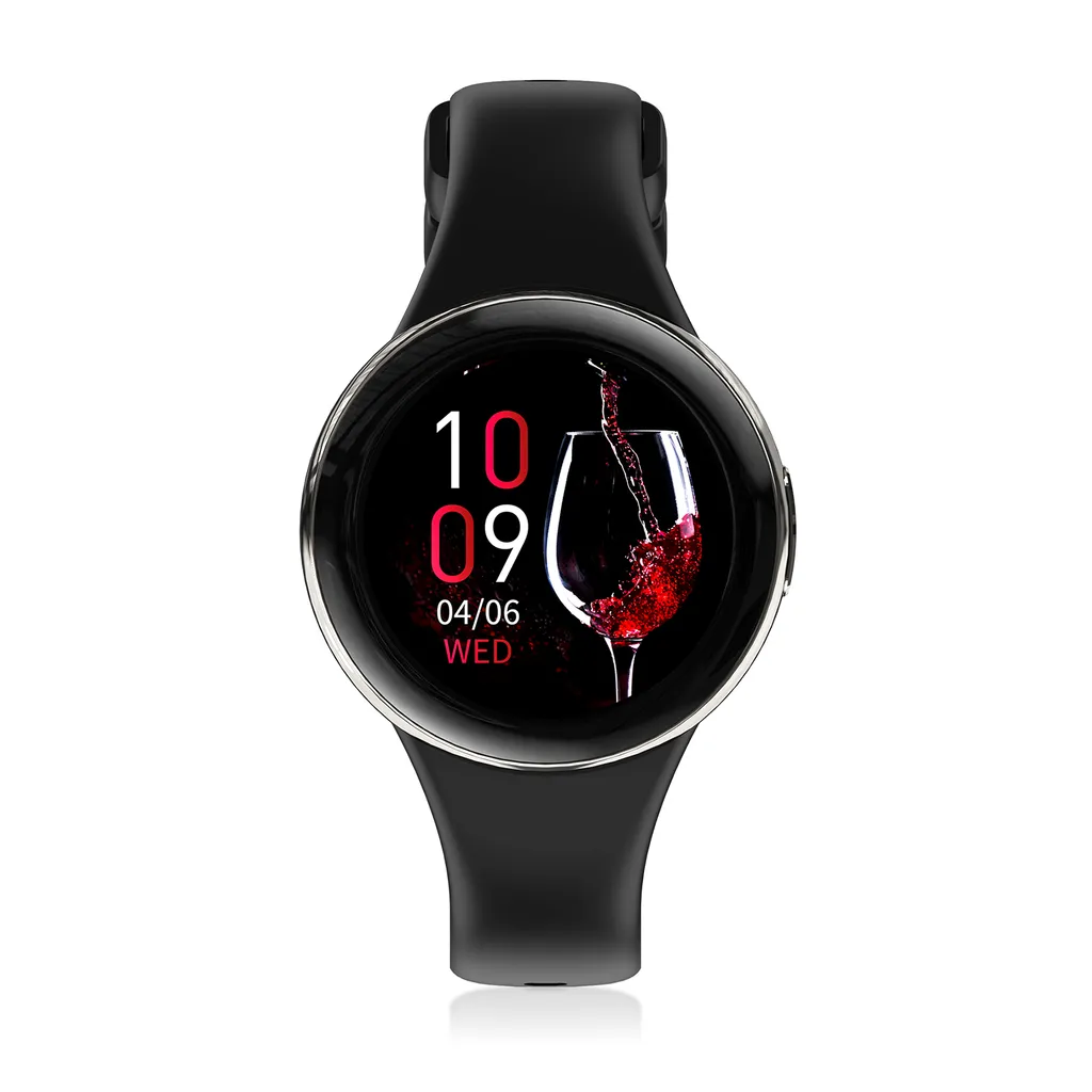 Schwarze Smartwatch mit rundem Display, auf dem die Uhrzeit und ein Weinglas zu sehen sind.