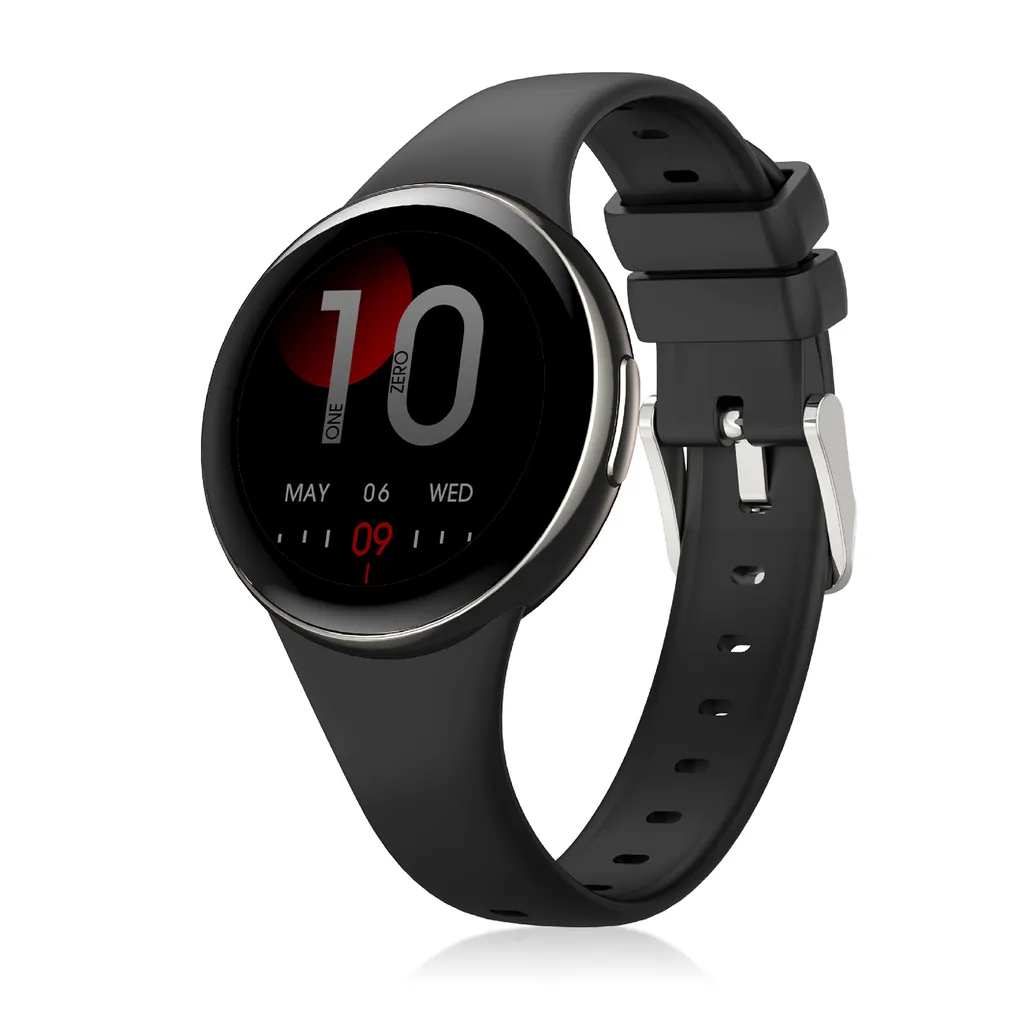 Eine elegante schwarze Smartwatch mit rundem Display, Metallgehäuse und schwarzem Silikonarmband.
