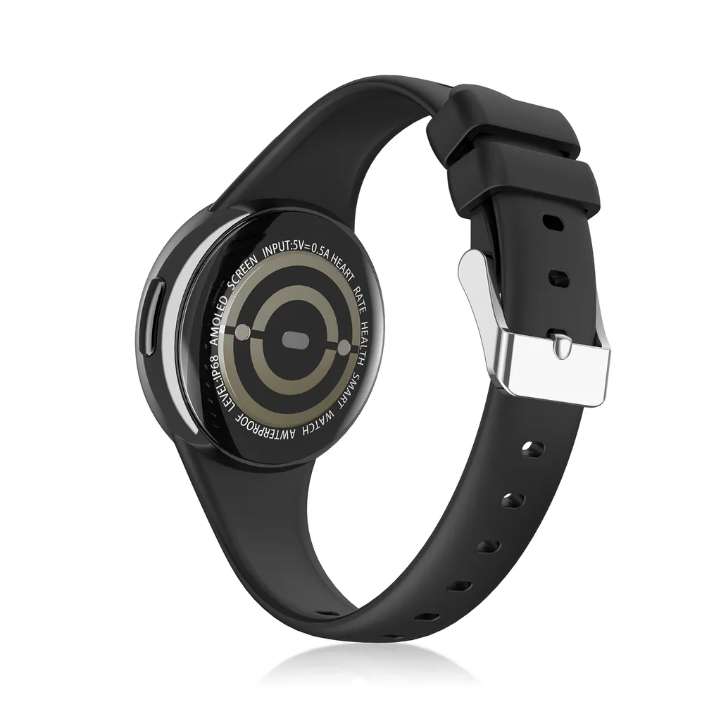 Eine schwarze Smartwatch mit rundem Gehäuse, schwarzem Silikonarmband und silberner Schließe, Rückseite mit Sensoren.