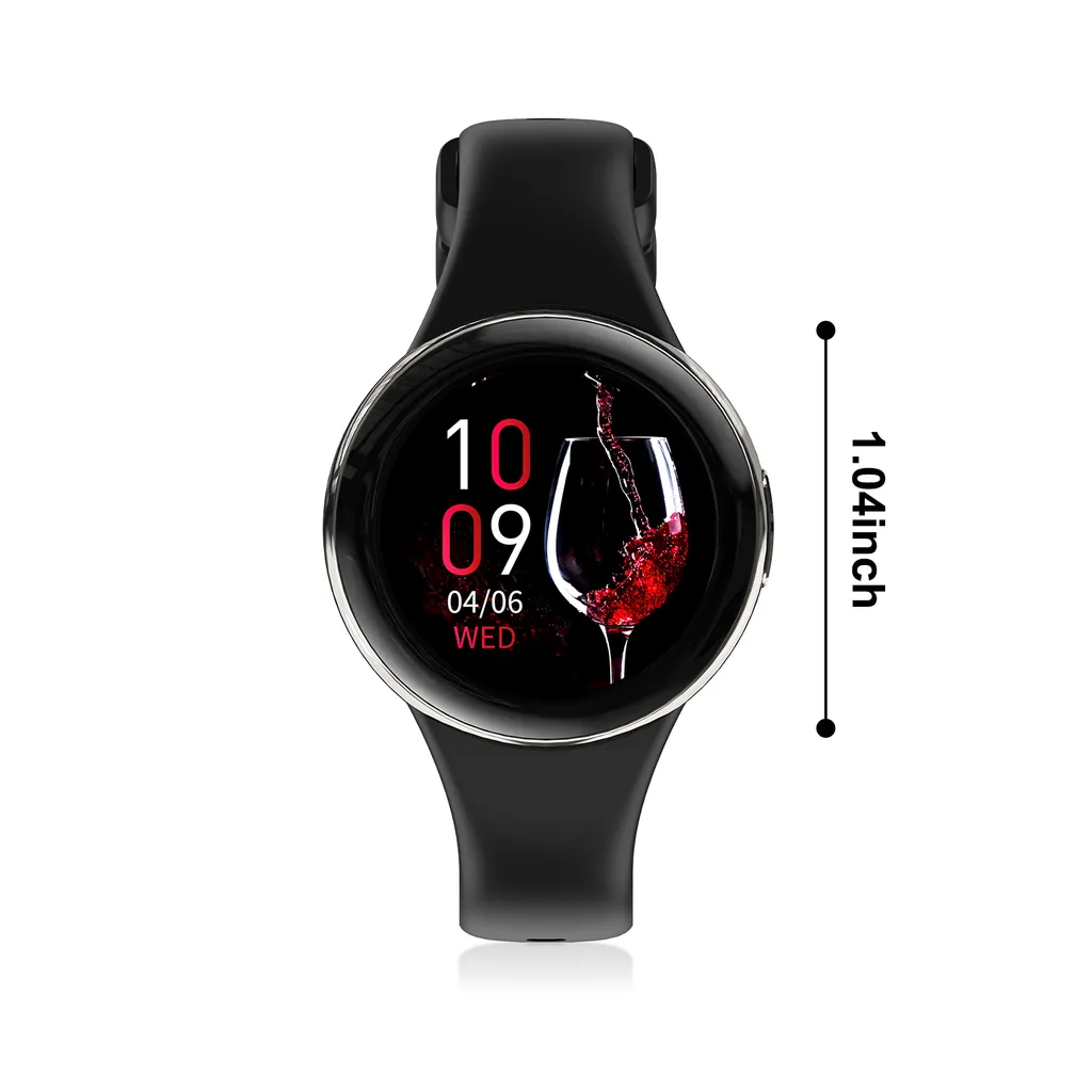 Eine schwarze Smartwatch mit rundem Display zeigt ein Weinglas und 10:09 Uhr, neben einem 1,04 Zoll Maß.