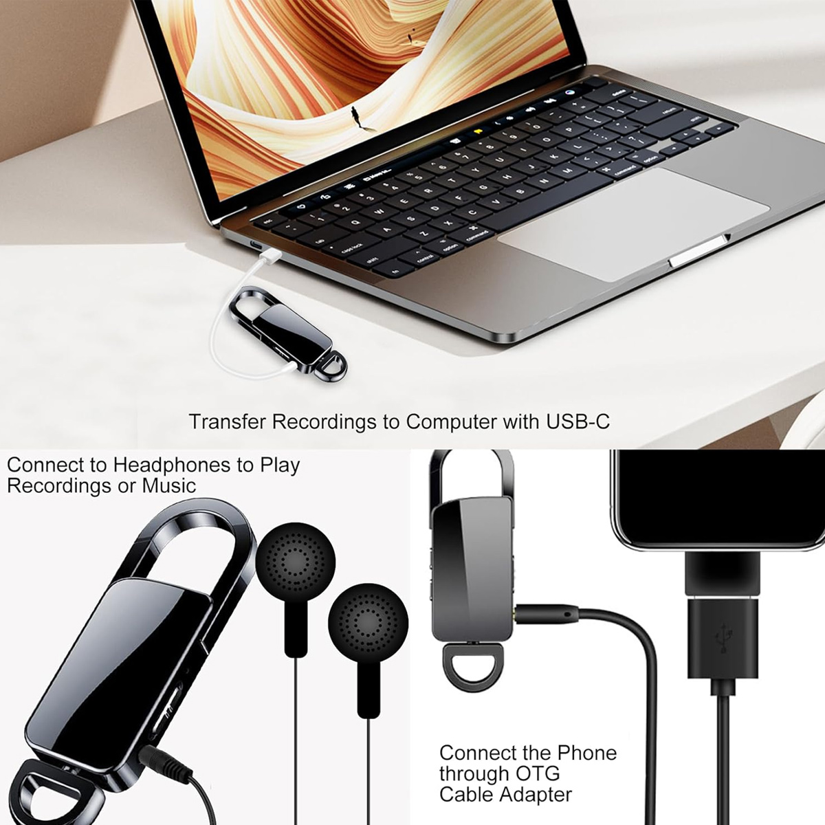 Drei Ansichten zeigen die Nutzung eines USB-C-Aufnahmegeräts mit Laptop, Kopfhörern und Smartphone.