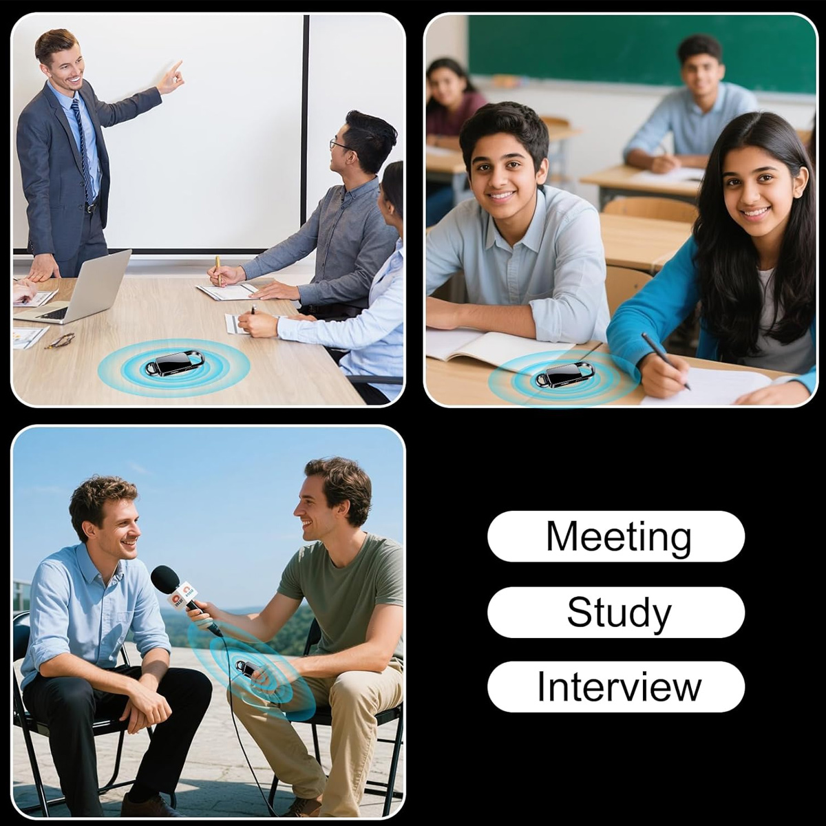 Eine Collage zeigt ein Meeting, lernende Schüler und ein Interview im Freien mit einem Diktiergerät.