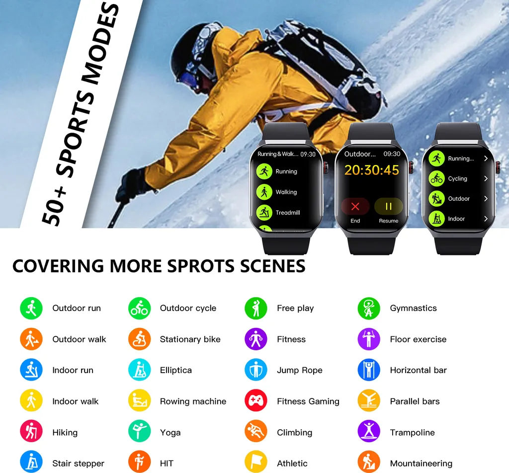 Skifahrer in gelber Jacke und drei Smartwatches mit Sportmodi und Icons.
