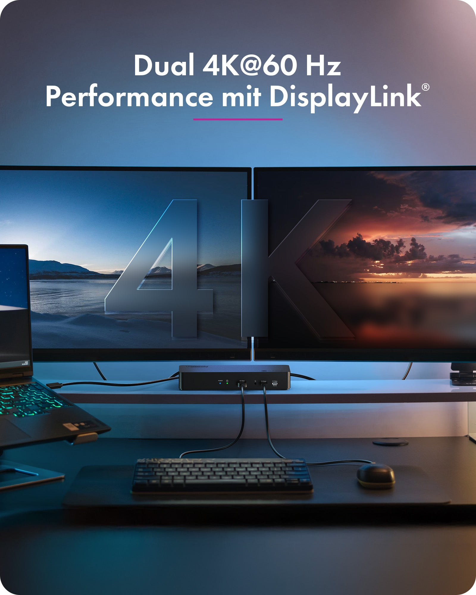 Zwei 4K-Monitore an einer Dockingstation, Tastatur und Laptop auf einem Schreibtisch.