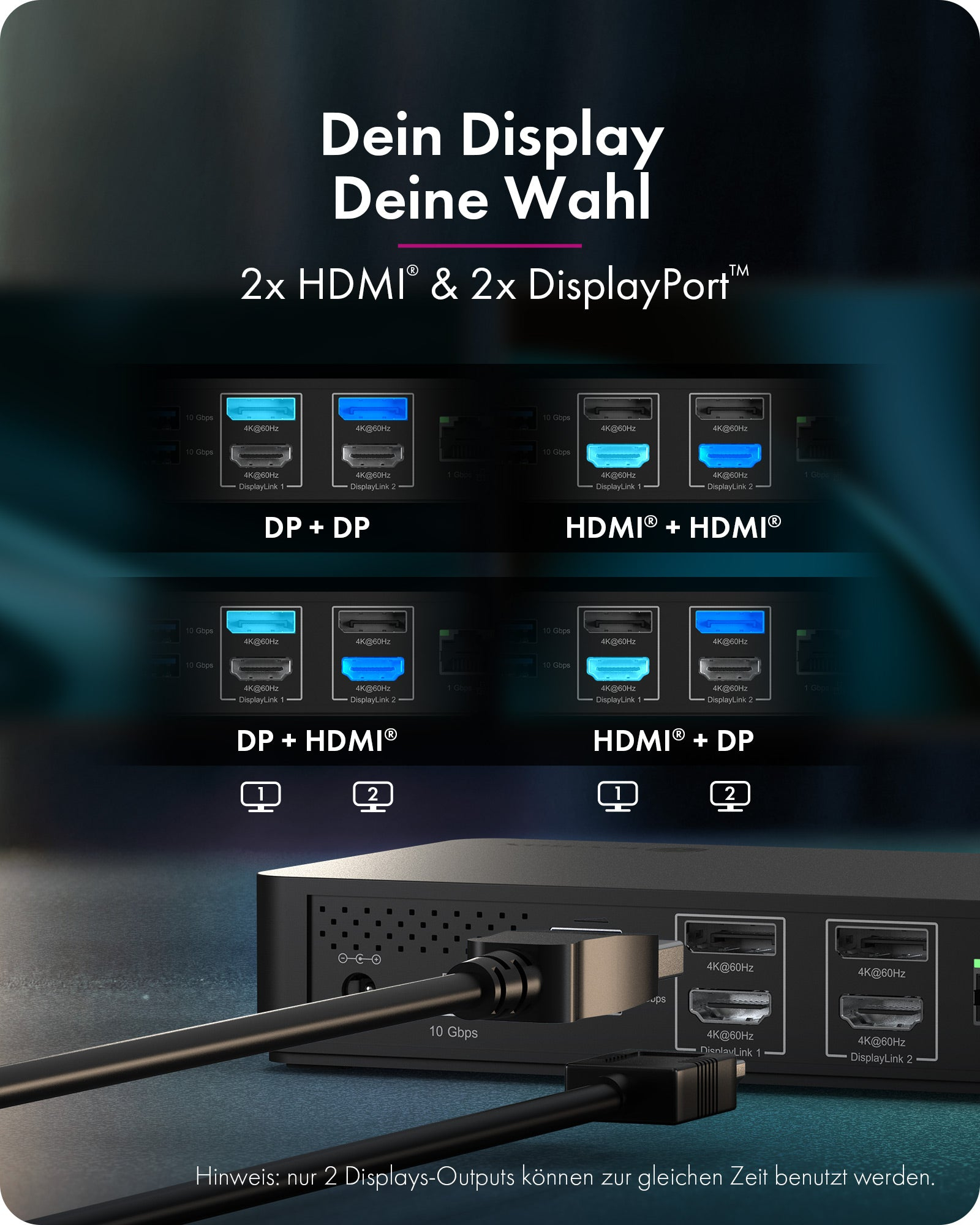 Dockingstation mit verschiedenen Display-Anschlüssen wie HDMI und DisplayPort für bis zu zwei Monitore.