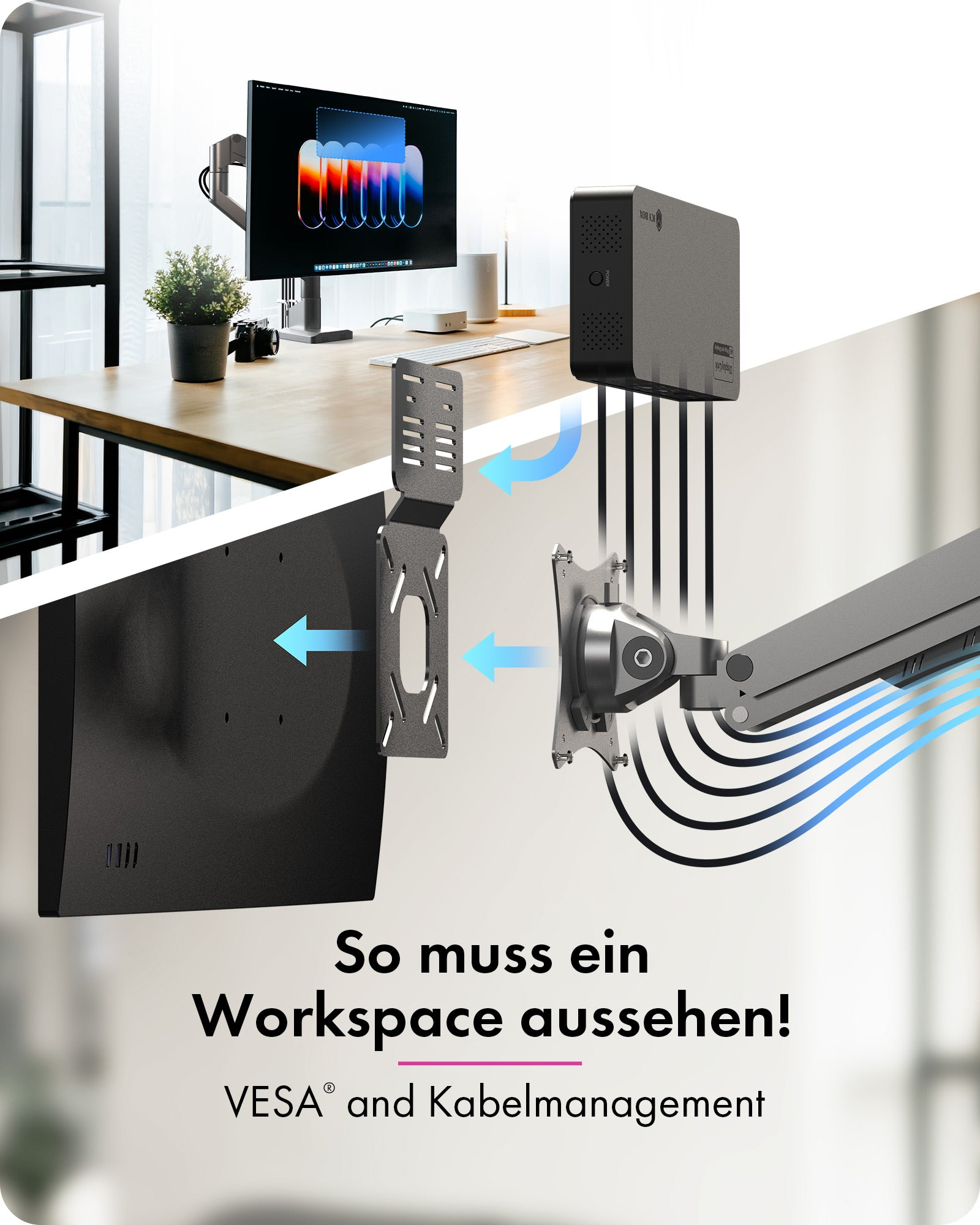 Eine Anleitung zur VESA-Monitorhalterung und zum Kabelmanagement auf einem Schreibtisch.