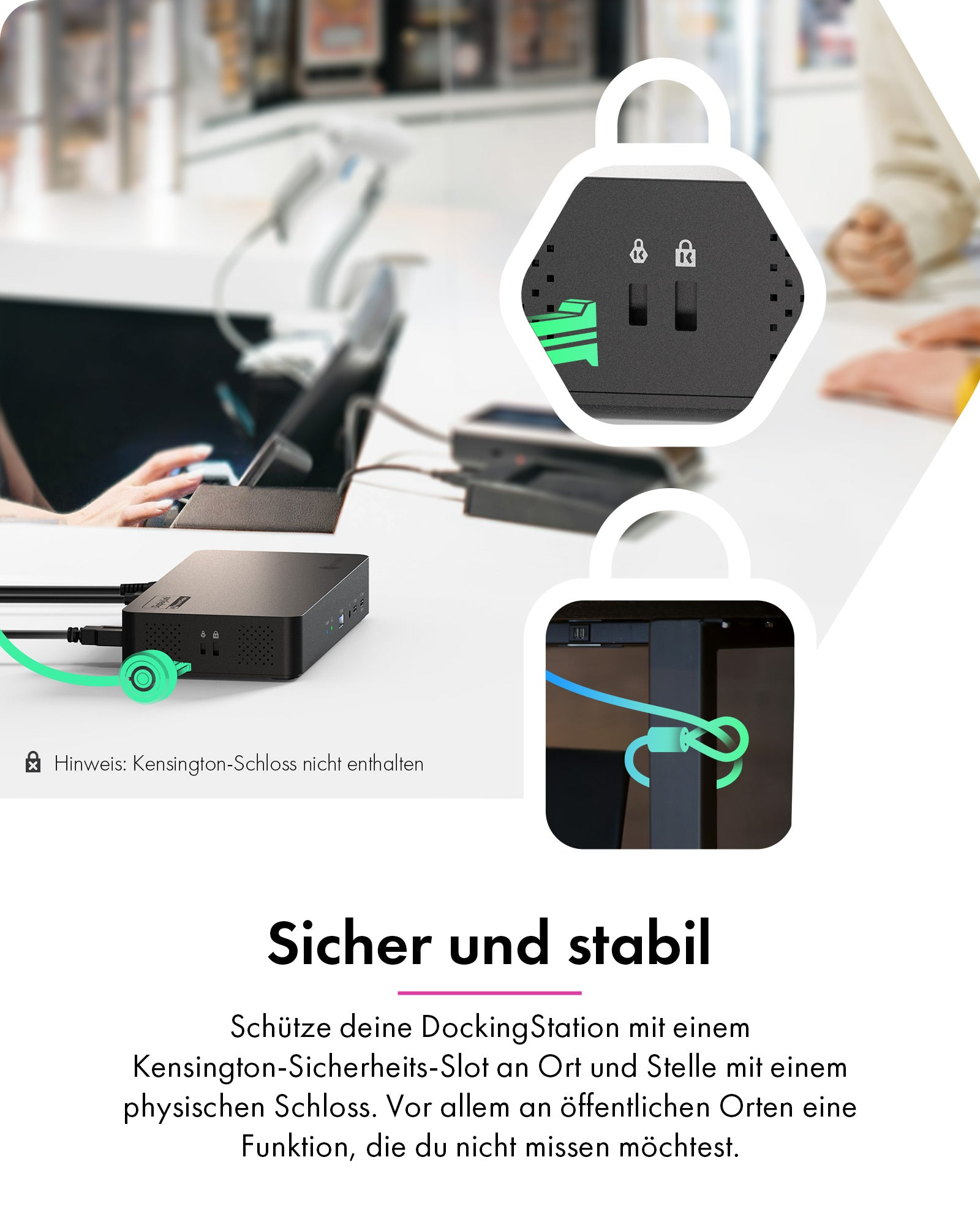 Eine schwarze Dockingstation mit Kensington-Schloss-Slot auf einem Schreibtisch mit zwei Detailansichten.
