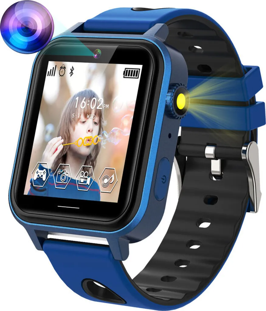 Blaue Kinder-Smartwatch mit Kamera, Taschenlampe und Touchscreen, der ein Kind beim Seifenblasenblasen zeigt.