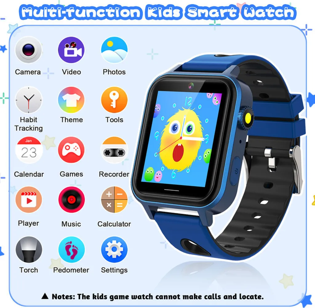 Blaue Kinder-Smartwatch mit bunten App-Symbolen auf einem hellblauen Hintergrund.