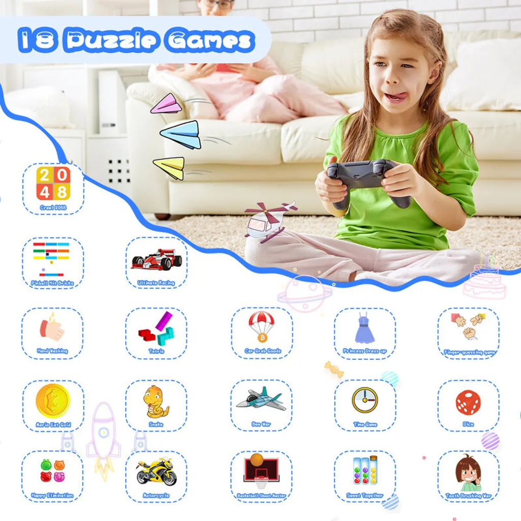Ein junges Mädchen sitzt auf einem Teppich und hält einen Controller, umgeben von Icons für 18 Puzzlespiele.