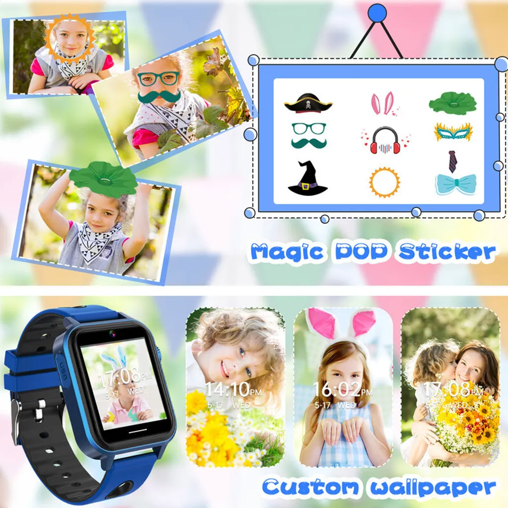 Blaue Kinder-Smartwatch mit Kamera, Touchscreen und verschiedenen digitalen Aufklebern und anpassbaren Hintergründen.