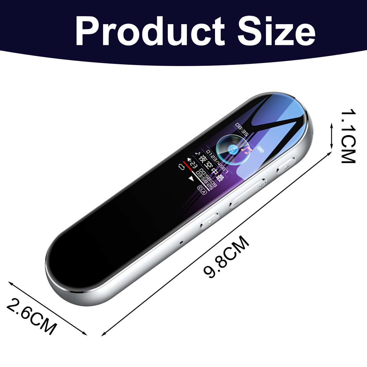 Produktabmessungen eines schlanken, silbernen Sprachrekorders mit digitalem Display: 9,8cm x 2,6cm x 1,1cm.