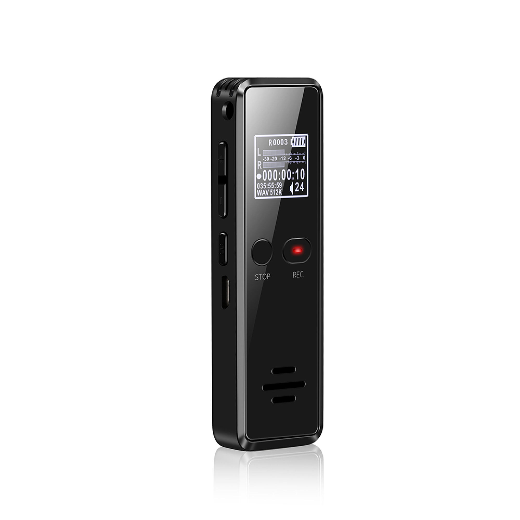 Ein schwarzer digitaler Diktiergerät mit Display, Steuertasten und rotem Aufnahmeknopf vor weißem Hintergrund.