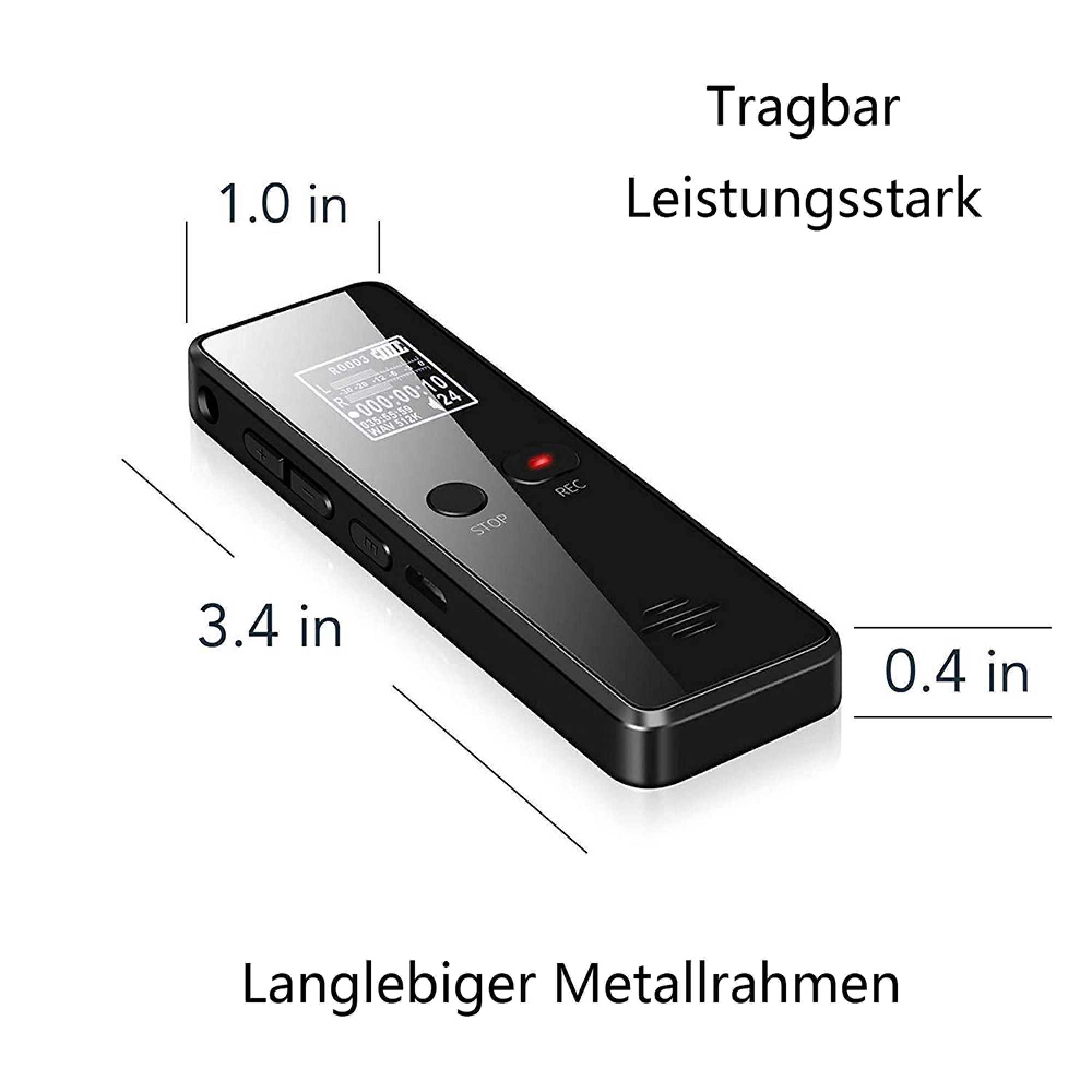 Schwarzes Diktiergerät mit Maßen von 3.4 x 1.0 x 0.4 Zoll und Metallrahmen.