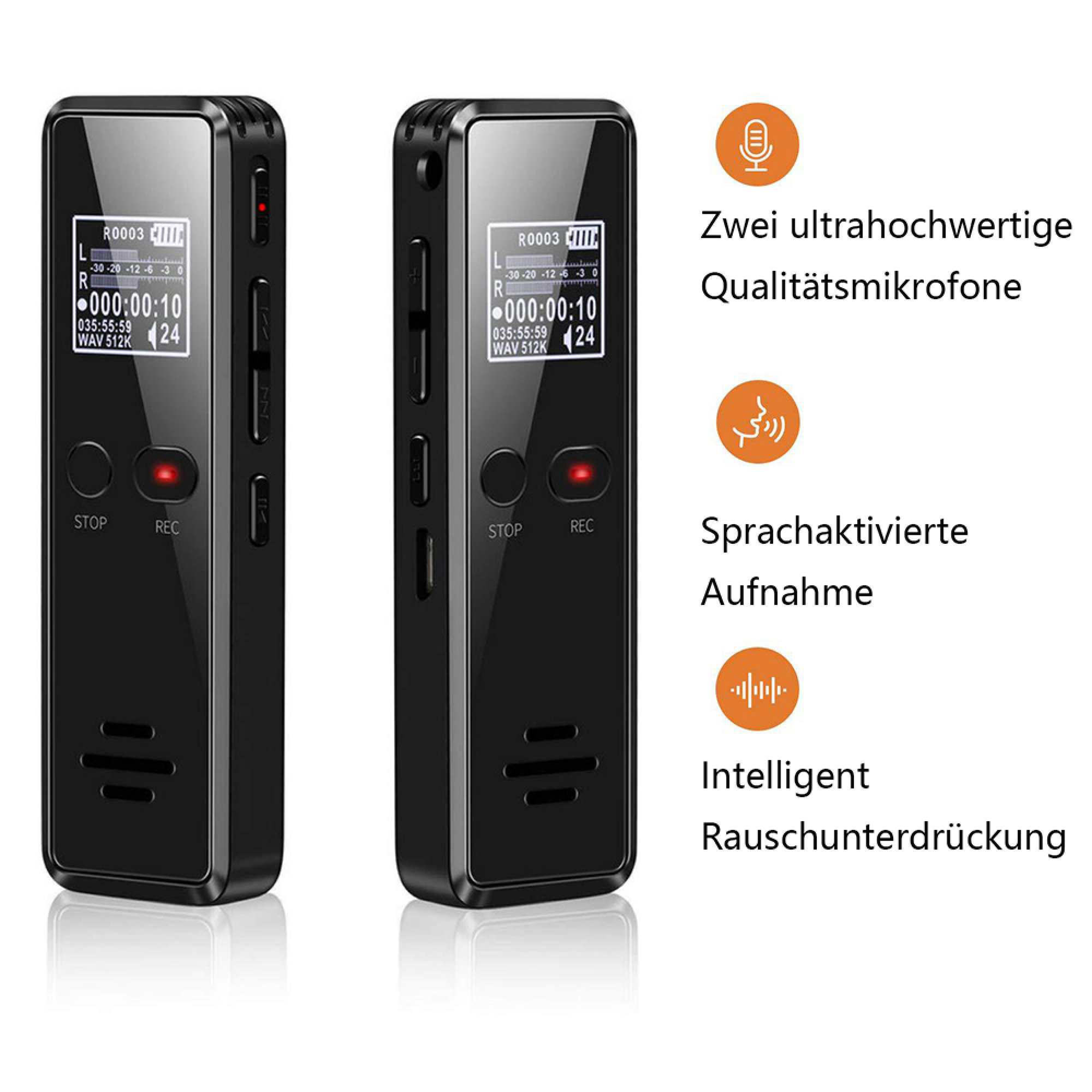 Zwei schwarze digitale Diktiergeräte mit Bildschirmen, Tasten und Feature-Texten rechts.