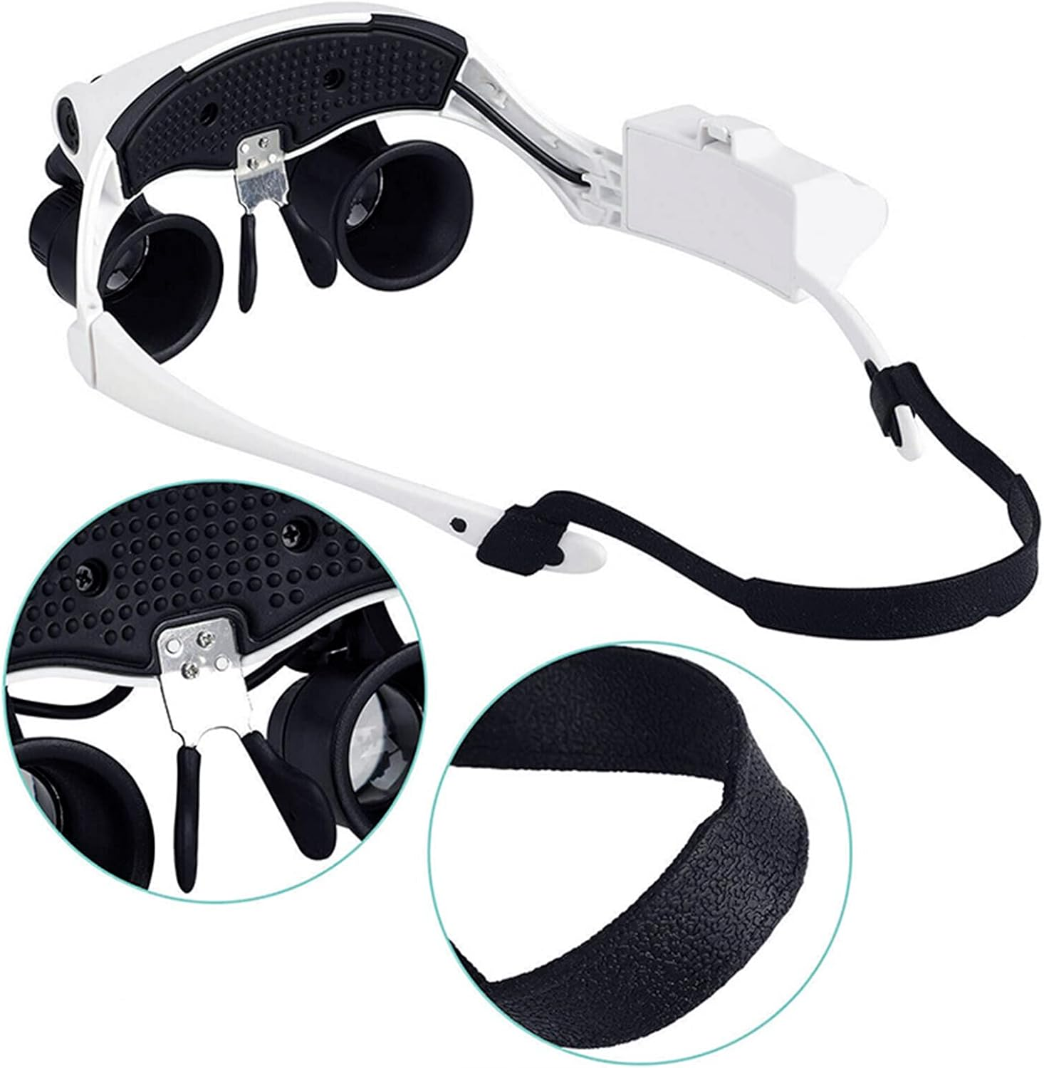 Weiß-schwarze Kopfband-Lupe mit verstellbaren Linsen und Batteriebox, Detailansichten zeigen Riemen und Halterung.