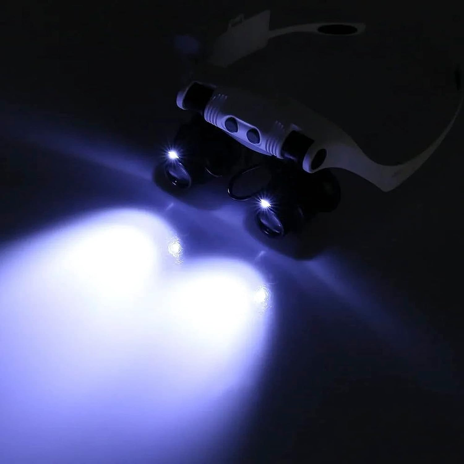 Kopfbandlupe mit zwei LED-Leuchten, die in einer dunklen Umgebung helle Strahlen beleuchten.