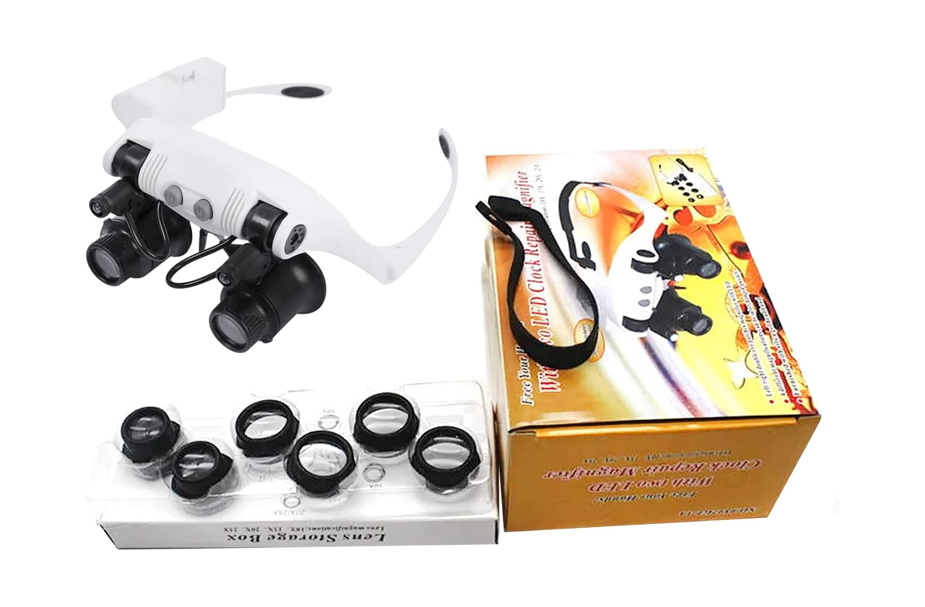 Weiße Kopfbandlupe mit LED-Lichtern, Ersatzlinsen in einer Box und die Produktverpackung.