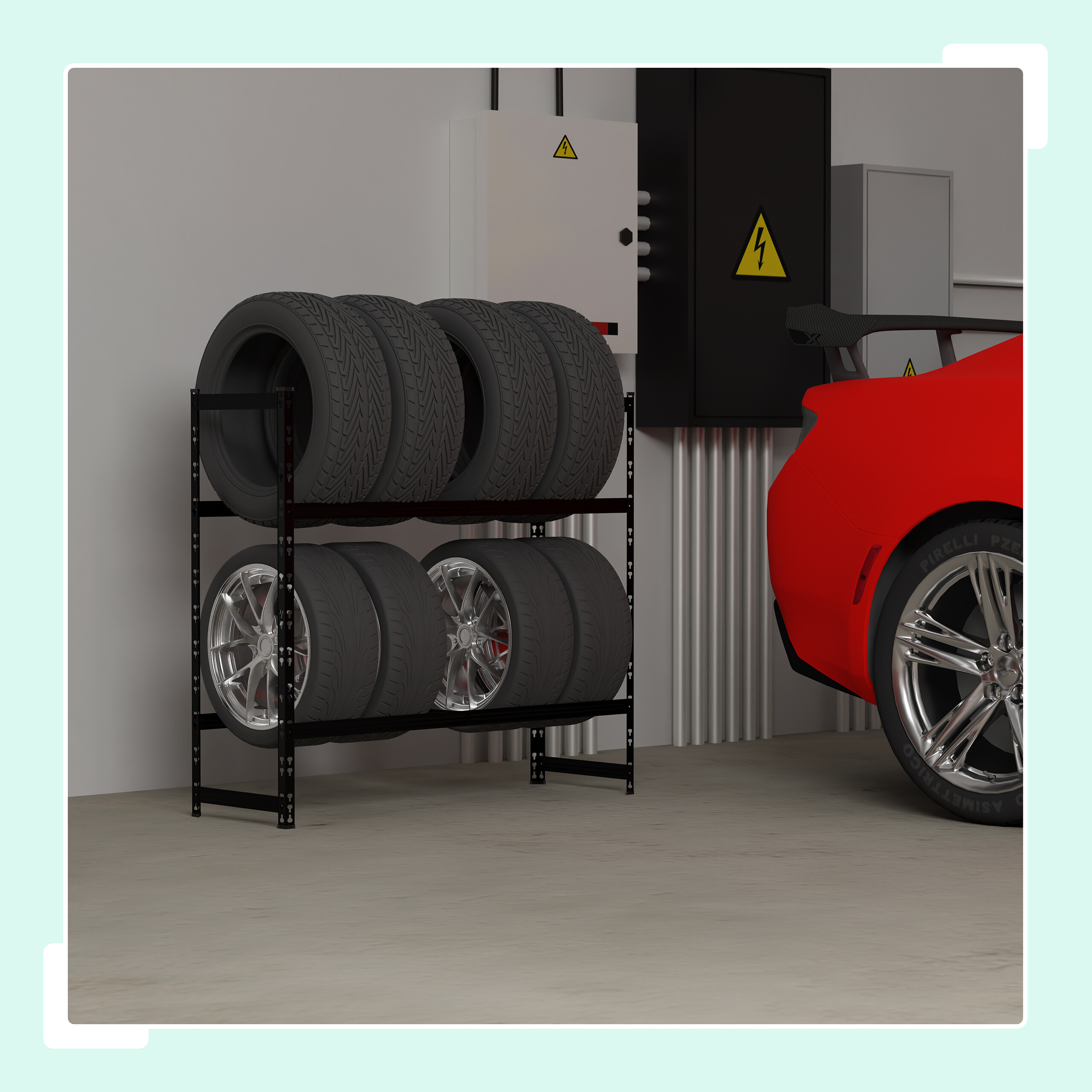 Eine Garage mit einem Reifenregal für vier Reifen und dem Heck eines roten Autos daneben.