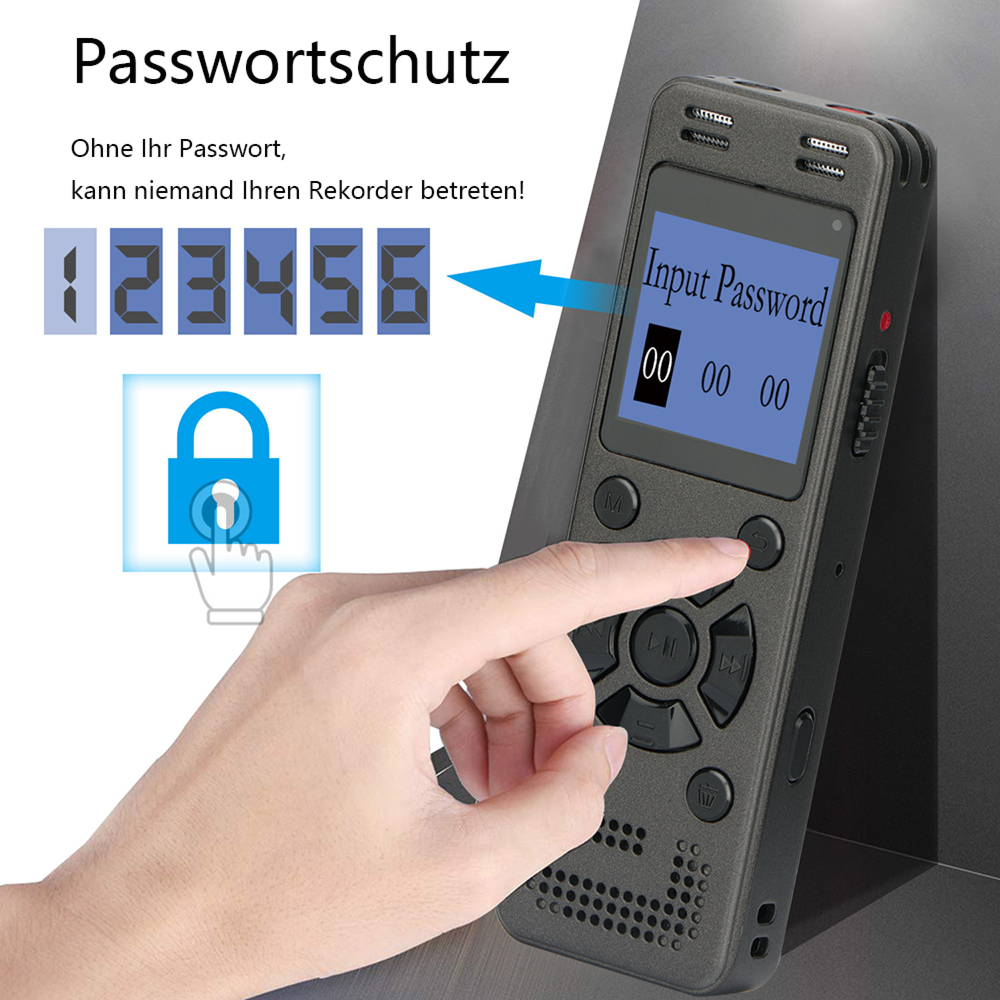 Hand tippt Passwort auf einen digitalen Rekorder mit Displayschutz und Schloss-Symbol.