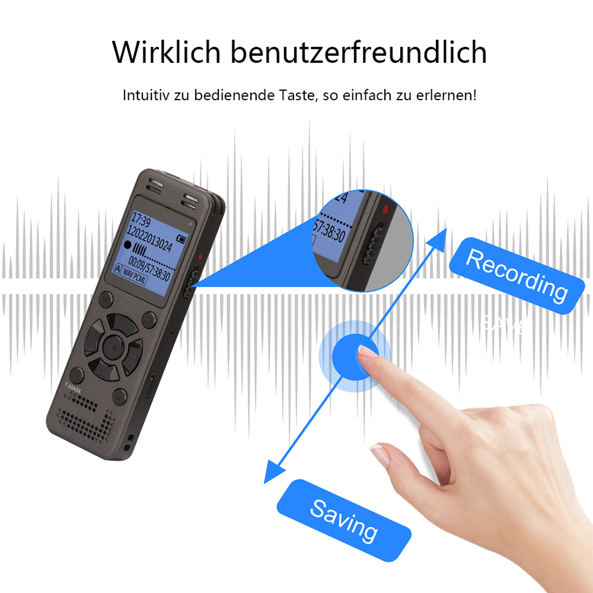 Ein Finger drückt eine Taste auf einem digitalen Diktiergerät, mit grafischen Darstellungen für Aufnahme und Speichern.