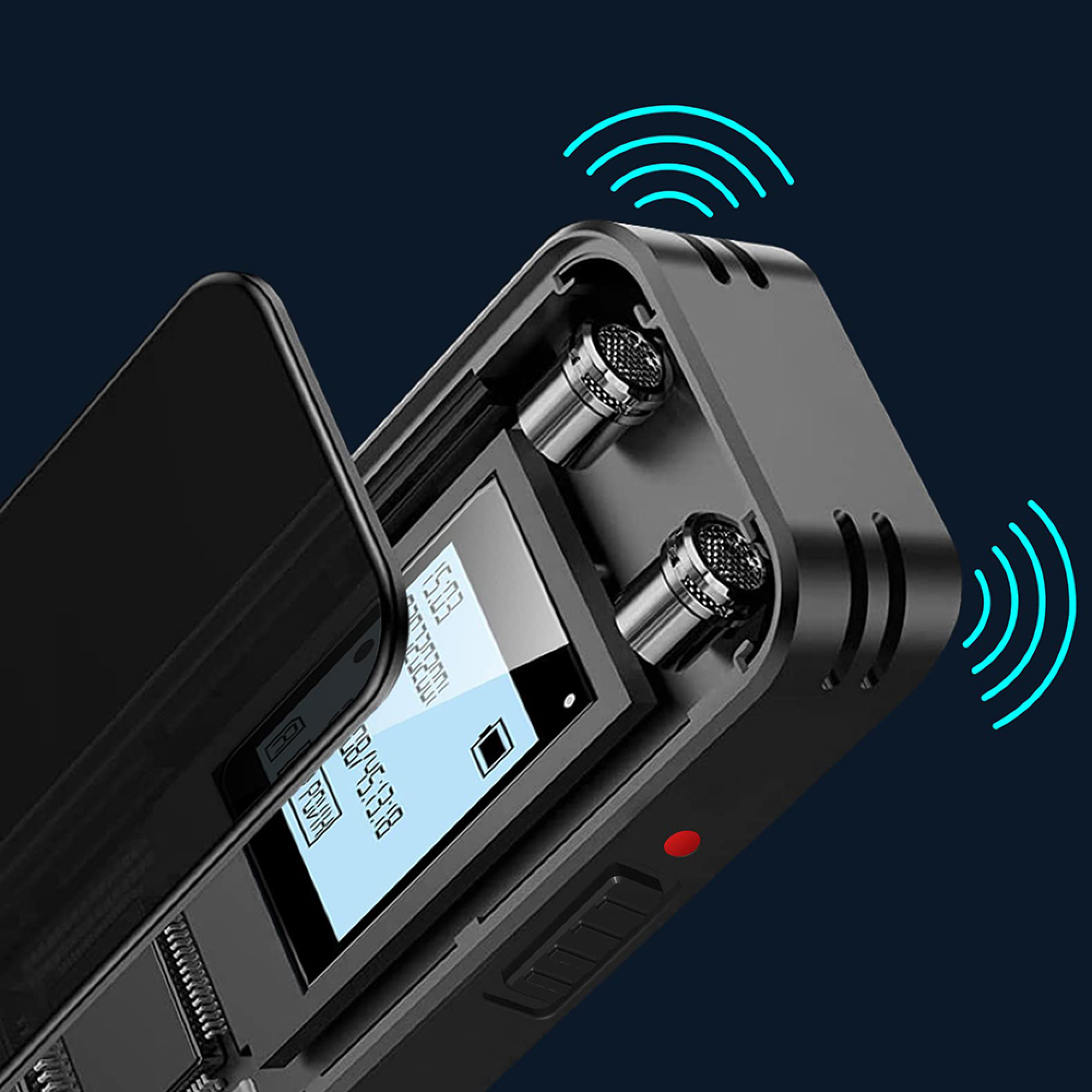 Ein schwarzer digitaler Diktiergerät mit zwei Mikrofonen, LCD-Bildschirm und blauen Schallwellen auf dunklem Hintergrund.