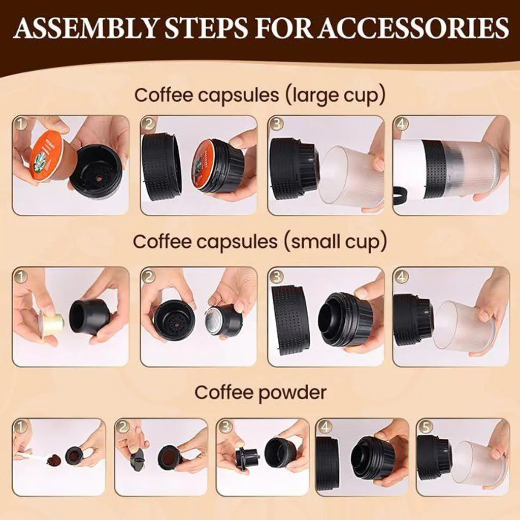 Montageanleitung für Kaffeekaffeezubehör mit nummerierten Schritten für große Tassen, kleine Tassen und Kaffeepulver.