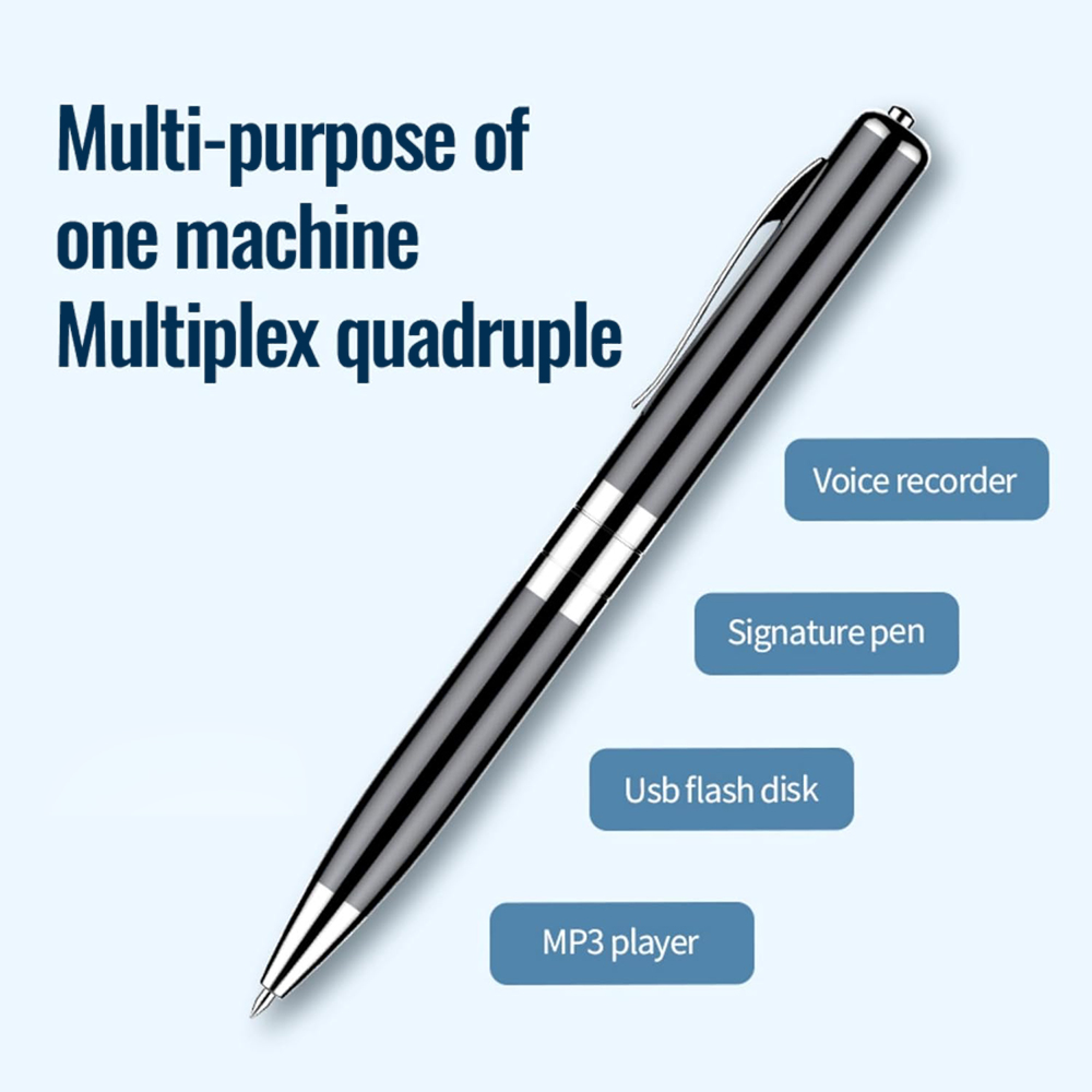 Ein schwarzer Multifunktionsstift mit Sprachrekorder, USB-Laufwerk und MP3-Player auf hellem Hintergrund.