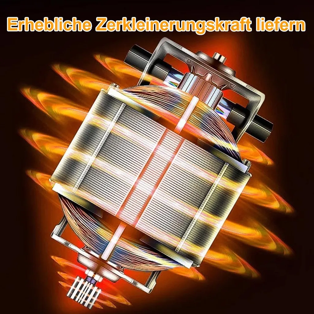 Ein rotierender Elektromotor mit Spulen und feurigen Orangetönen auf schwarzem Hintergrund.