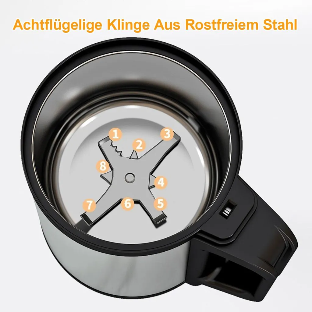 Edelstahlbecher von oben mit einer achtflügeligen Klinge im Inneren und deutscher Aufschrift.