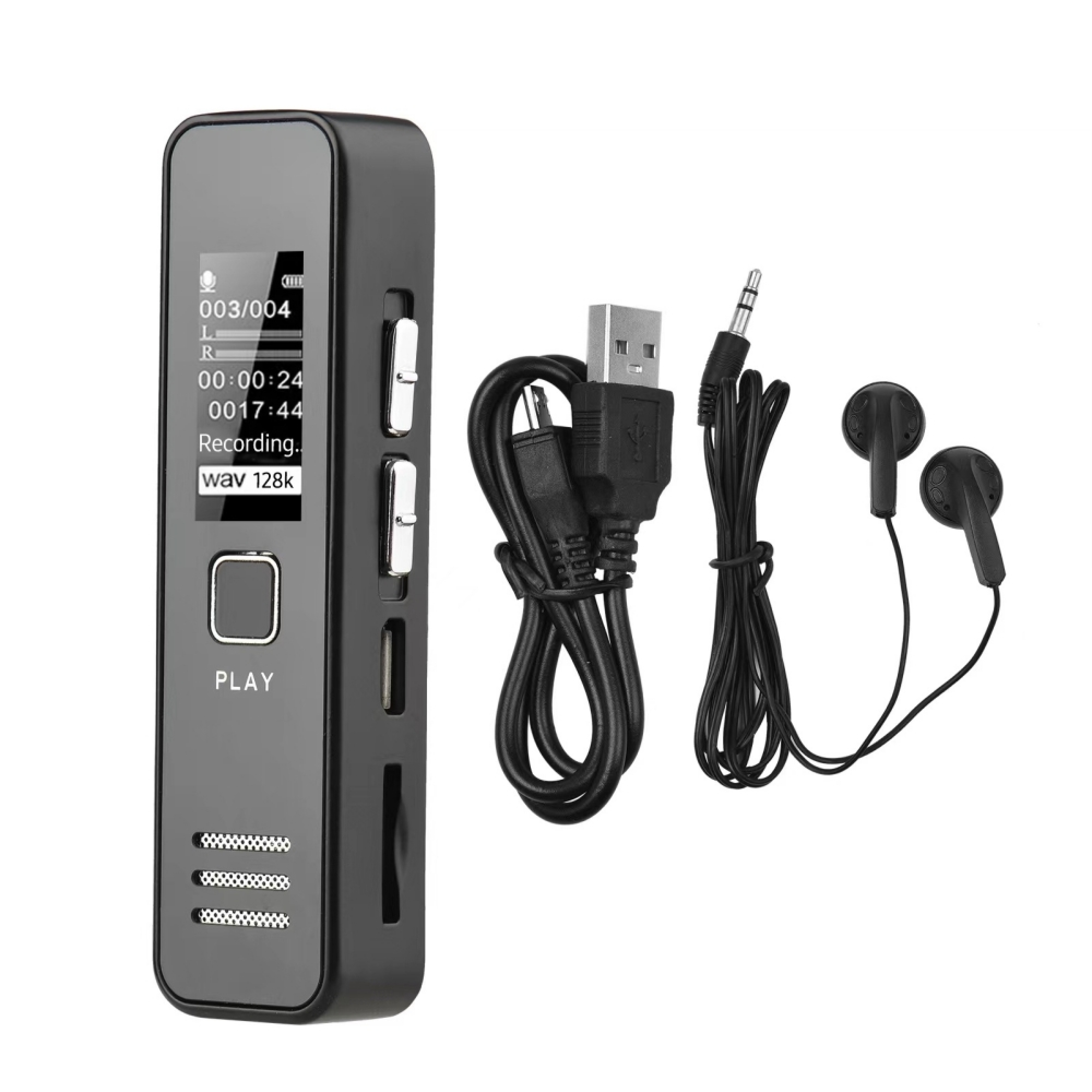 Schwarzer digitaler Diktiergerät mit Display, USB-Kabel und Ohrhörern.