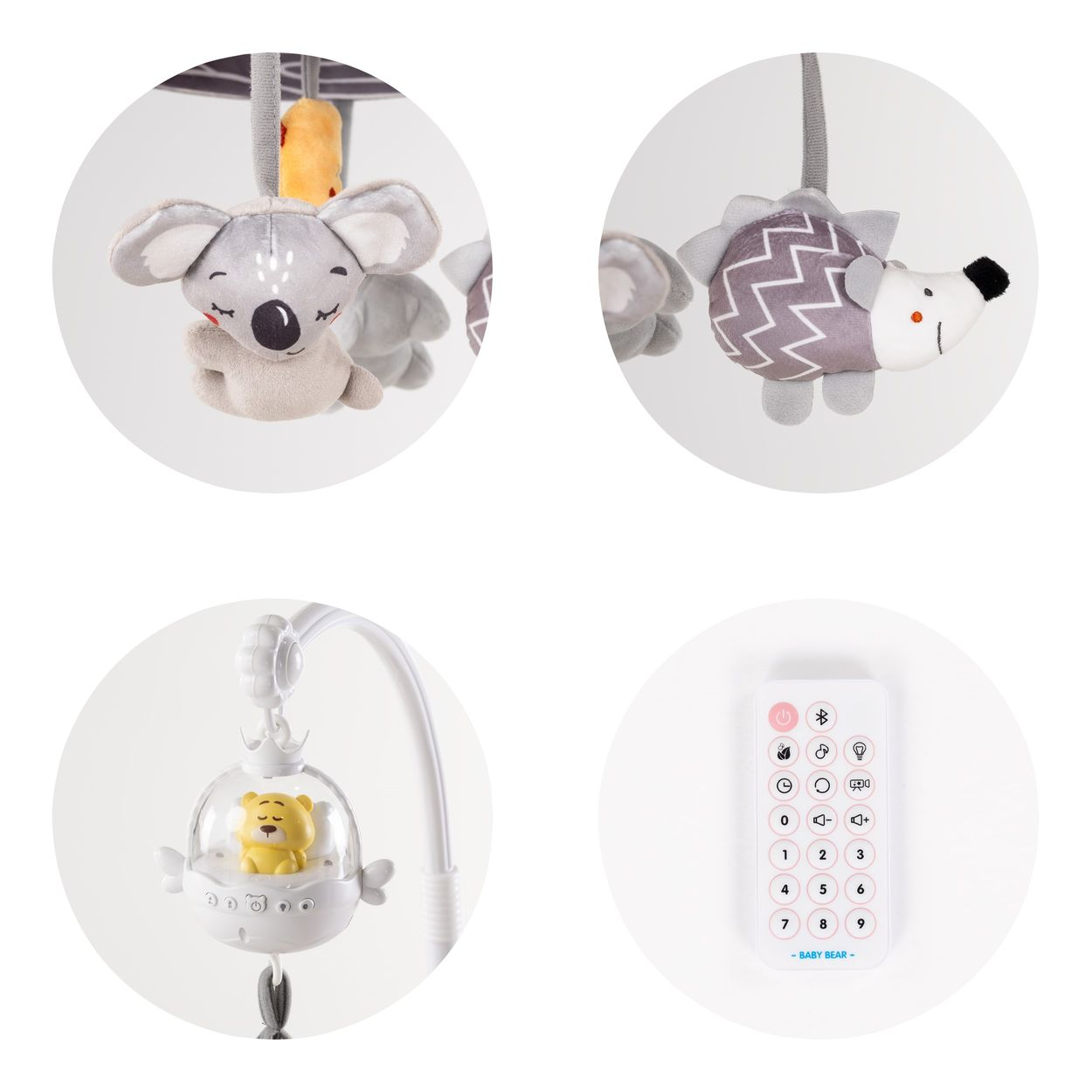 Vier runde Ausschnitte zeigen Plüschtiere wie Koala und Igel, eine Spieluhr mit Bär und eine weiße Fernbedienung.
