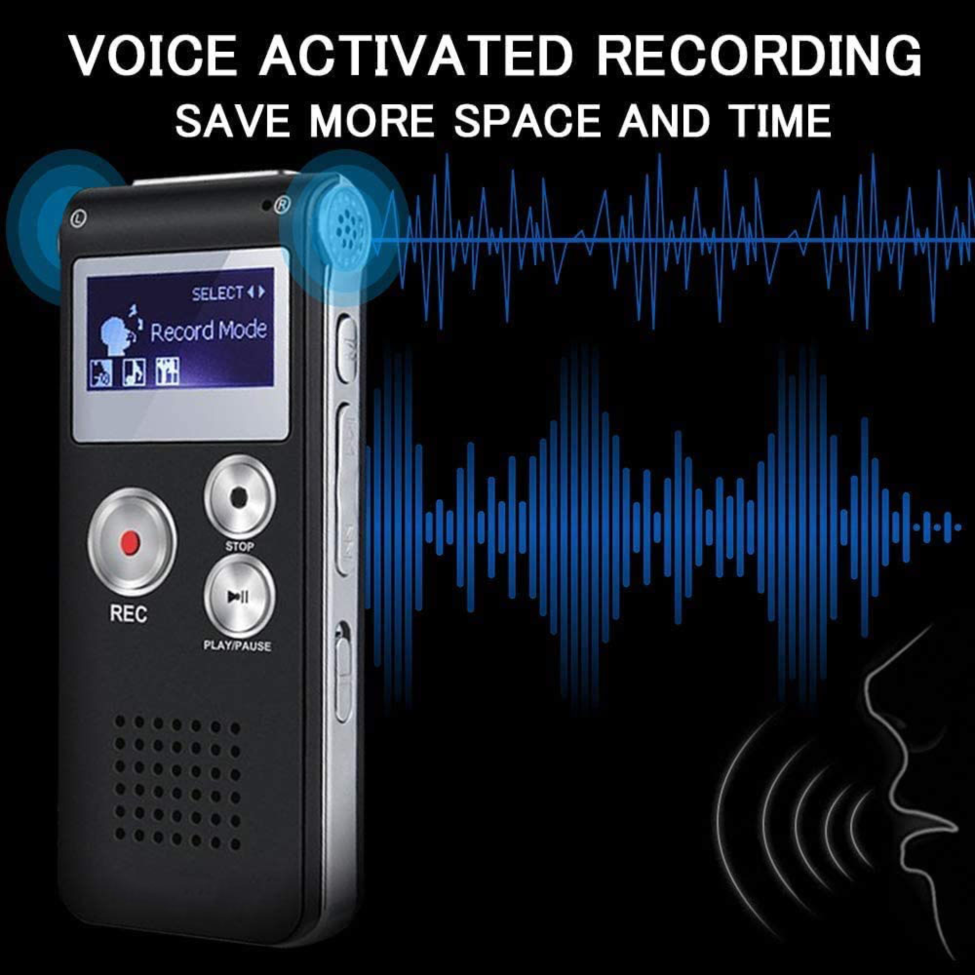 Ein schwarzer Diktiergerät mit blauen Audiowellengrafiken und dem Text SPRACHACTIVIERTE AUFNAHME.