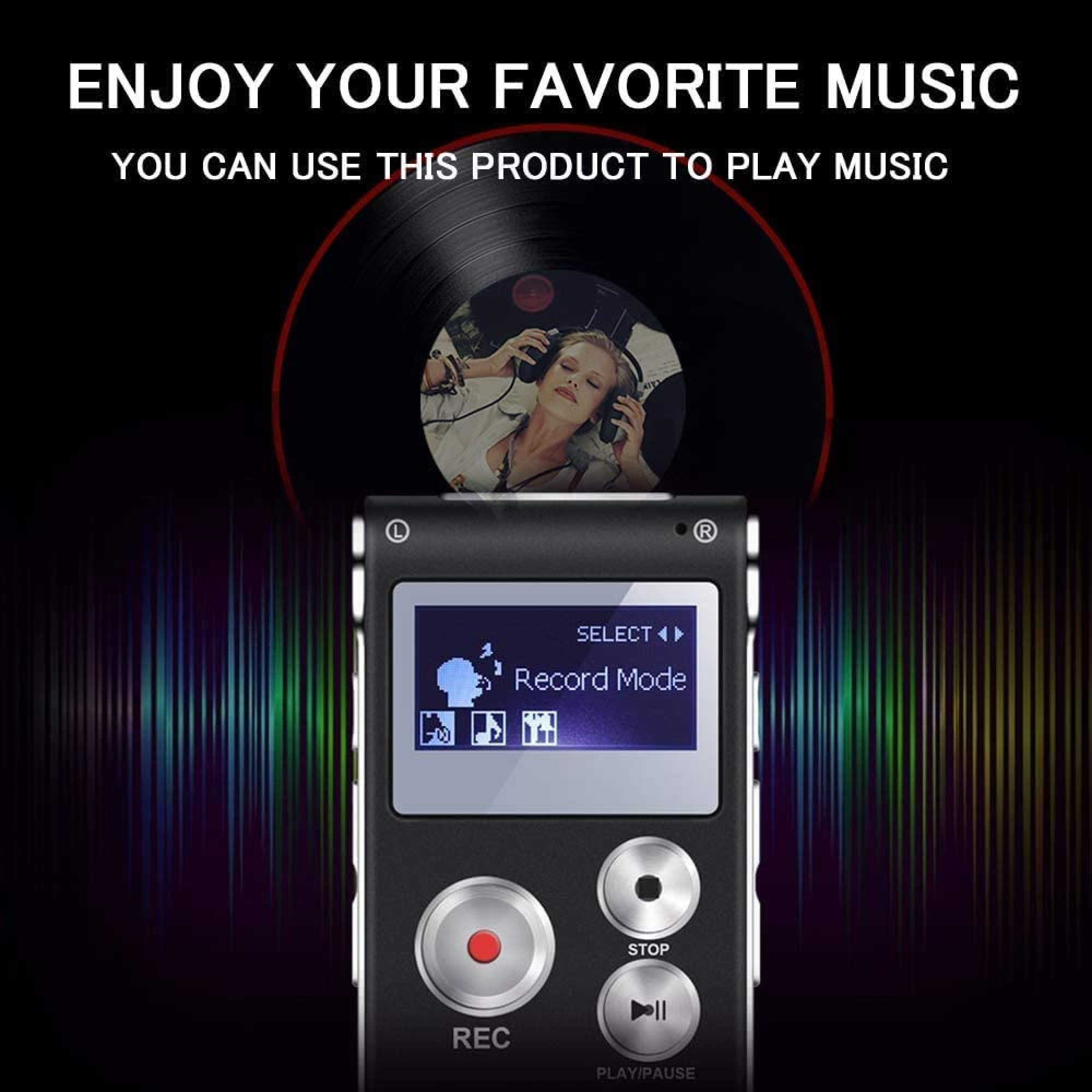 Ein digitaler Rekorder vor einem Musik- und Wellenmuster-Hintergrund.