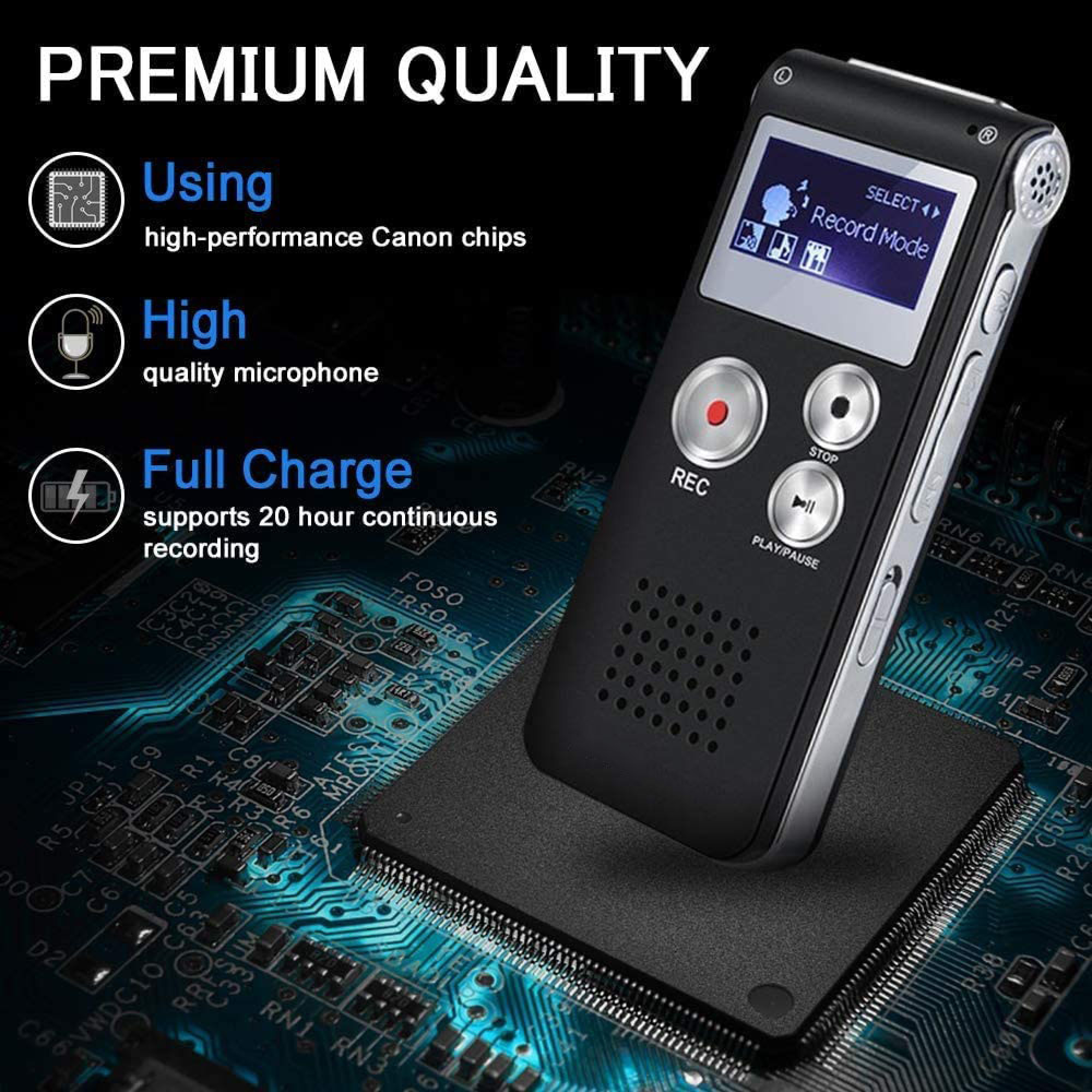 Ein digitaler Rekorder auf einer blauen Leiterplatte mit Texten zu Premium-Qualität und Akkulaufzeit.
