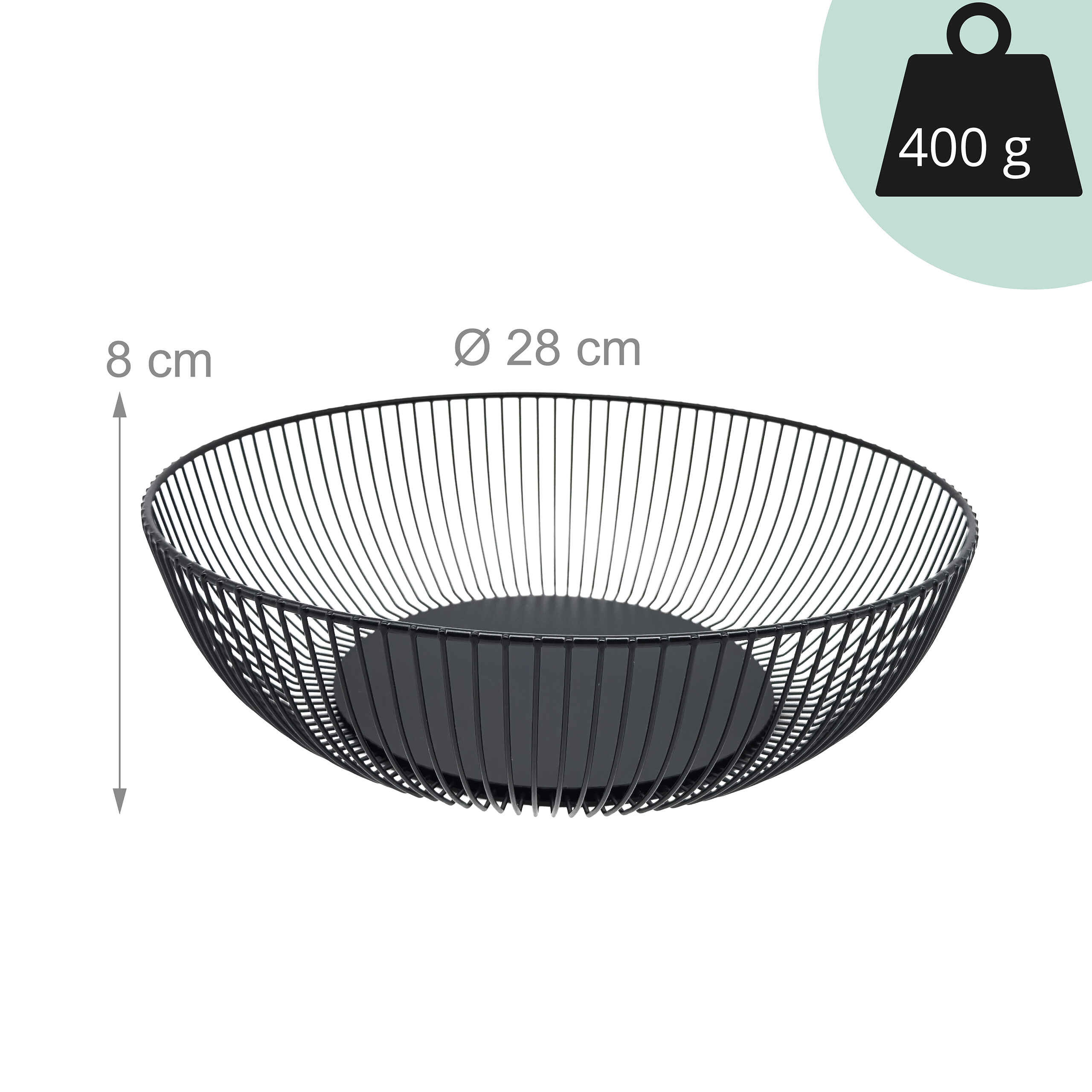 Schwarzer Drahtobstkorb mit 28 cm Durchmesser, 8 cm Höhe und 400 g Gewicht.