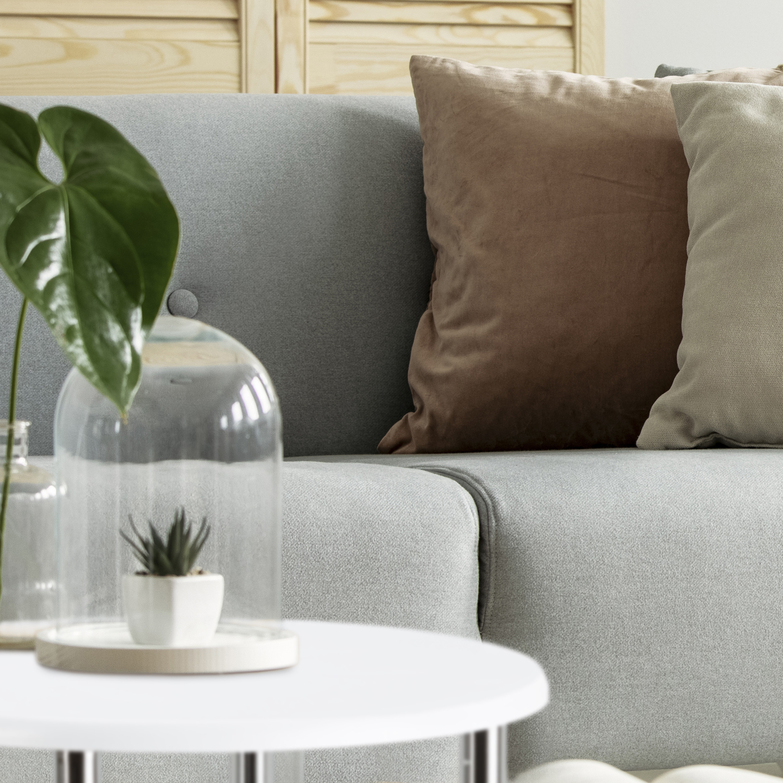 Ein graues Sofa mit braunen und beigen Kissen und einem weißen Tisch mit einer Pflanze unter einer Glashaube im Vordergrund.