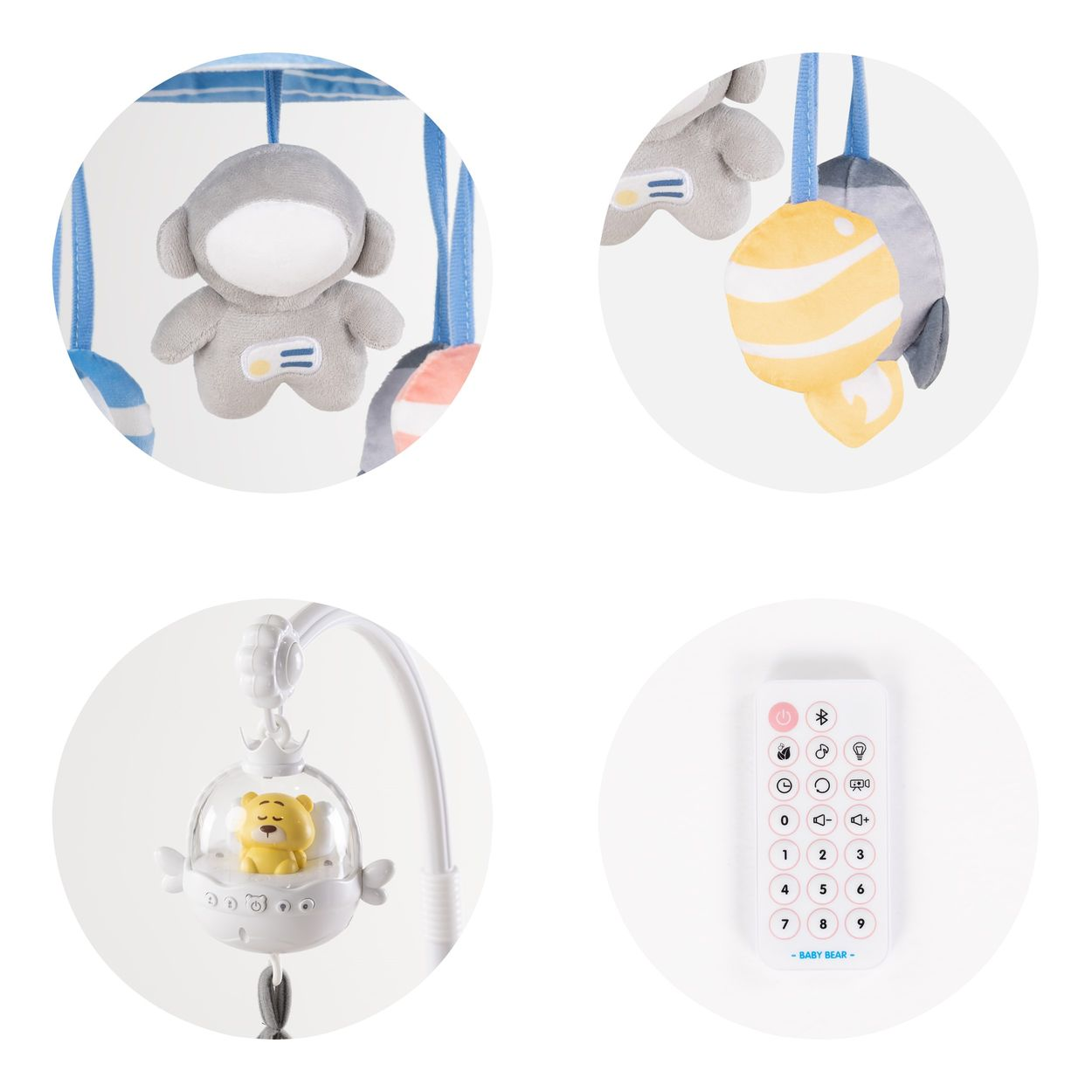 Vier runde Nahaufnahmen zeigen Baby-Mobile-Spielzeug, einen Plüsch-Astronauten, Planeten, eine leuchtende Bärenkuppel und eine weiße Fernbedienung.