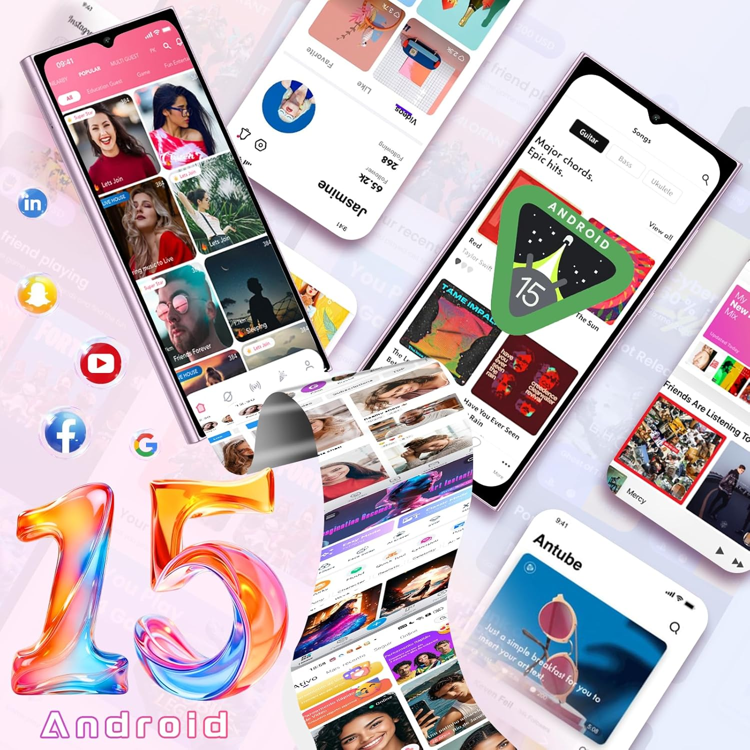 Pantalla de Android 15 con números 3D coloridos, interfaces de aplicaciones e íconos de redes sociales flotantes sobre fondo morado.