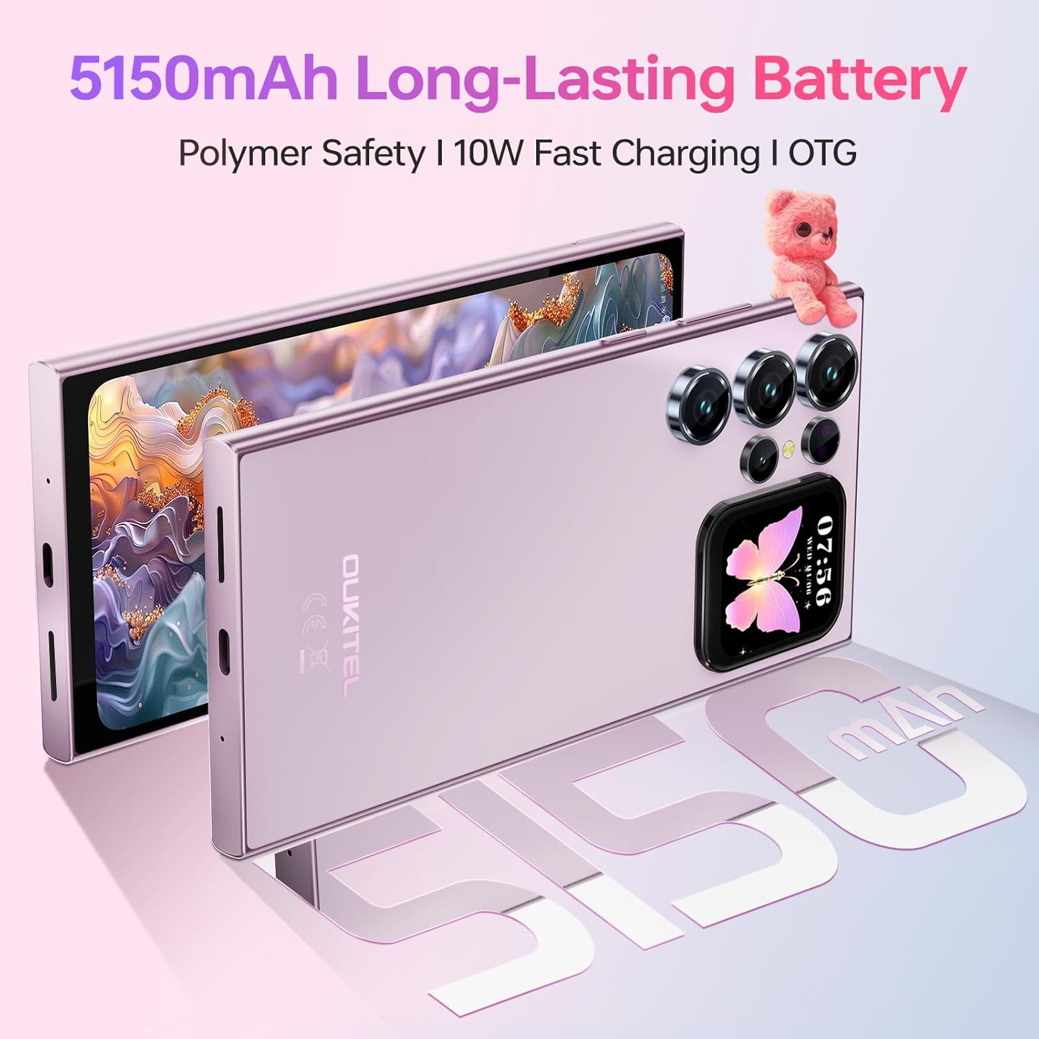 Un smartphone Oukitel rosa muestra cuatro lentes de cámara, una pantalla pequeña y un osito rosa en la parte superior.