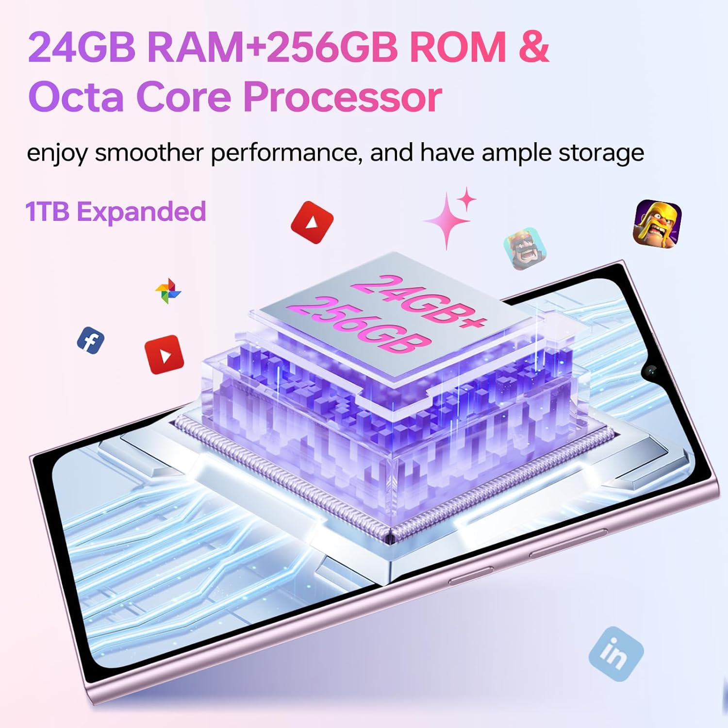 Anuncio de un teléfono inteligente con 24 GB de RAM, 256 GB de ROM y procesador octa-core con iconos flotantes.