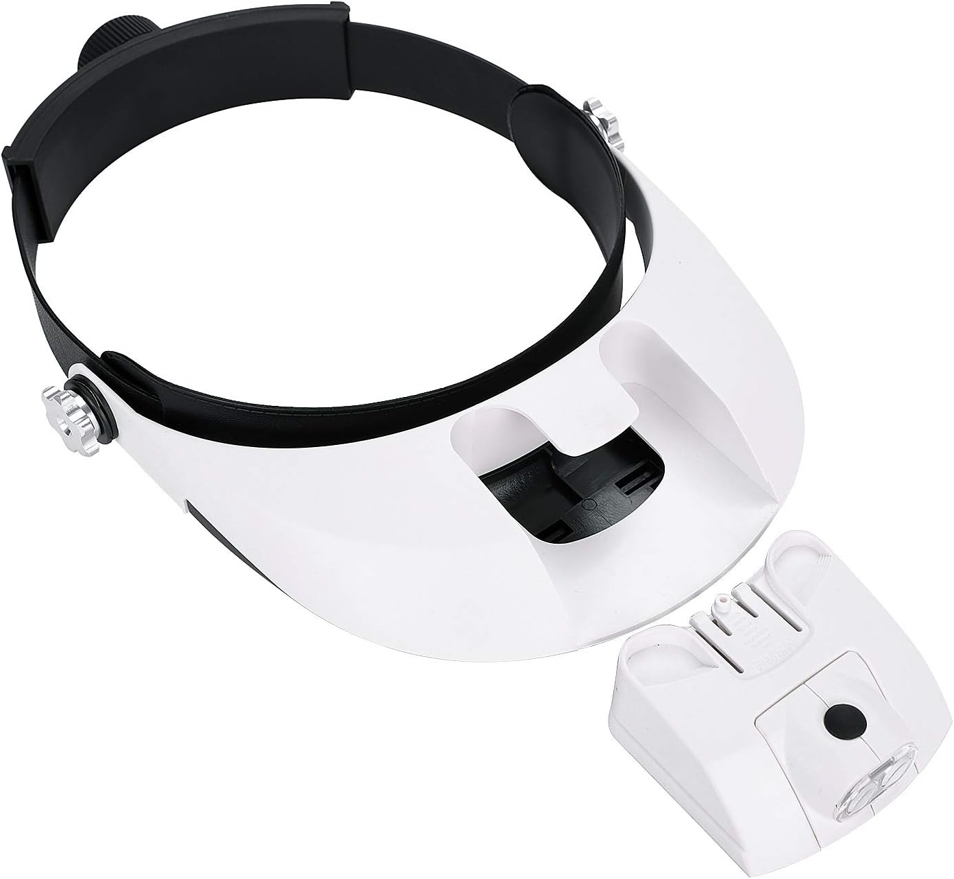 Weißes Kopfband mit integrierter LED-Leuchte und Verstellknöpfen.
